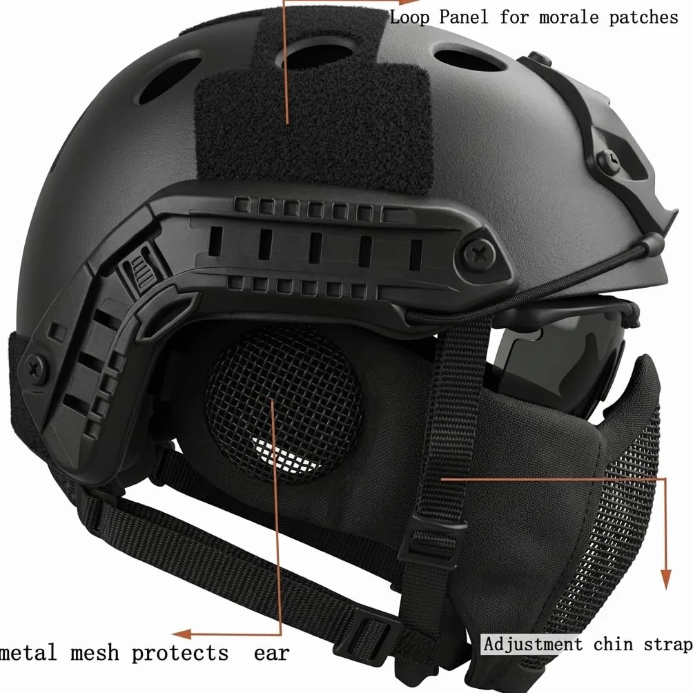 Casco Fast Tattico MH Combinato Protezione Orecchie Pieghevole Maschera Rete Mezza Faccia Occhiali Airsoft Paintball