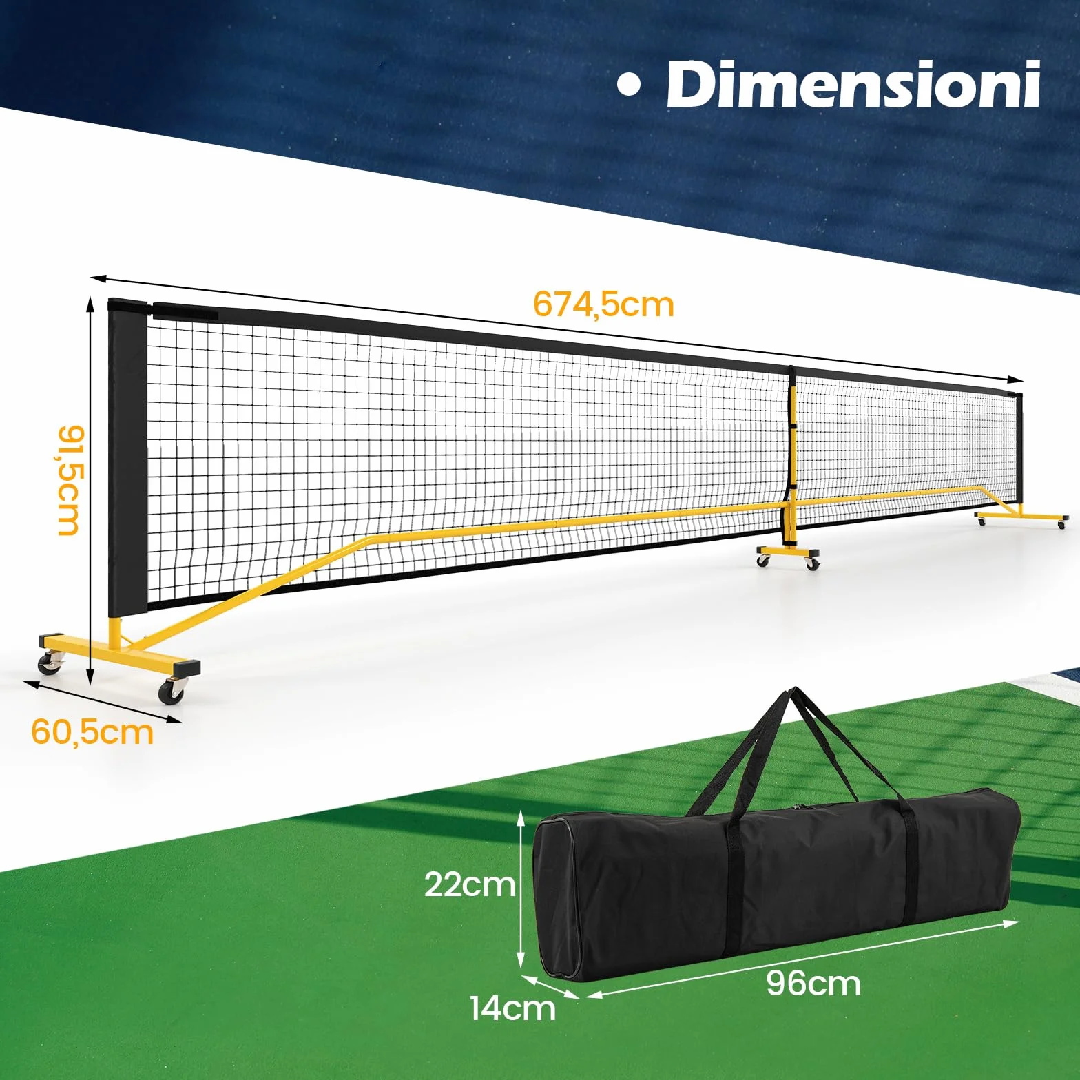 COSTWAY Rete Pickleball Portatile 6,7 m con Ruote, Telaio in Metallo e Borsa da Trasporto, per Badminton e Allenamento Multifunzionale