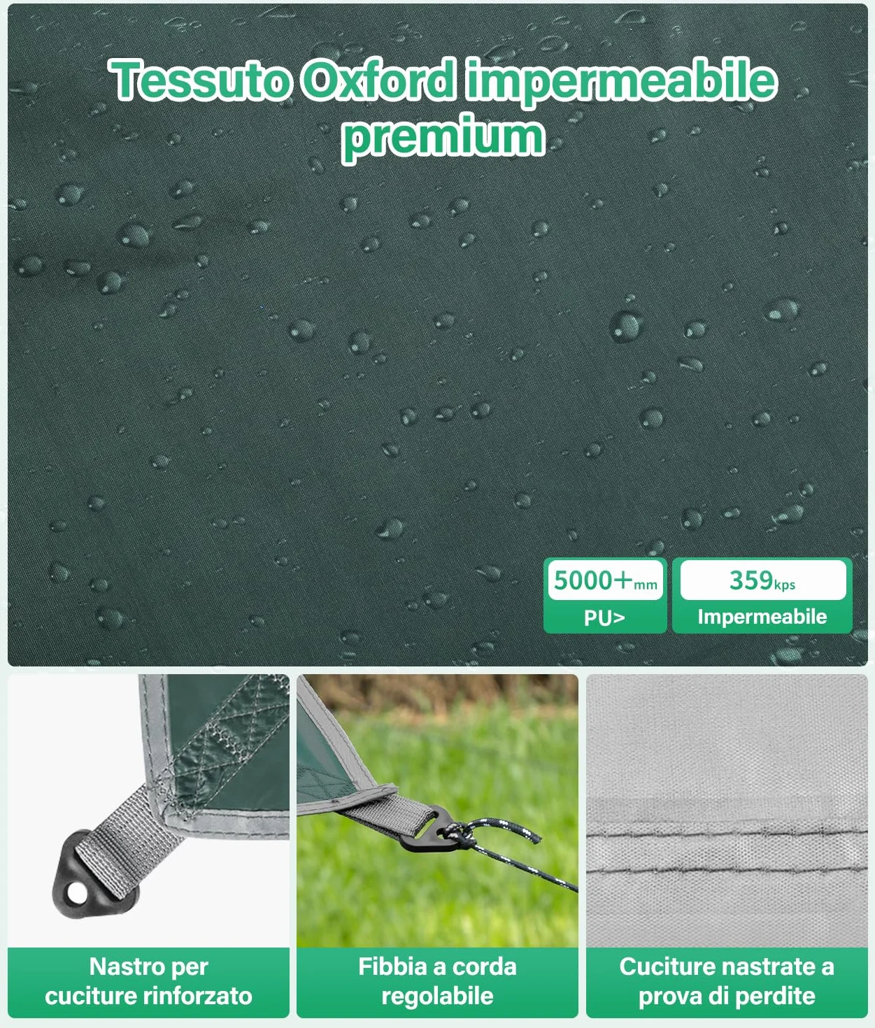 WADEO Kit Telo Copertura con Pali, [3x3M] Impermeabile e Resistente, Protezione UV, Telo da Sole e Pioggia per Shelter, Ideale per Campeggio, Picnic, Spiaggia, Festival, Giardino