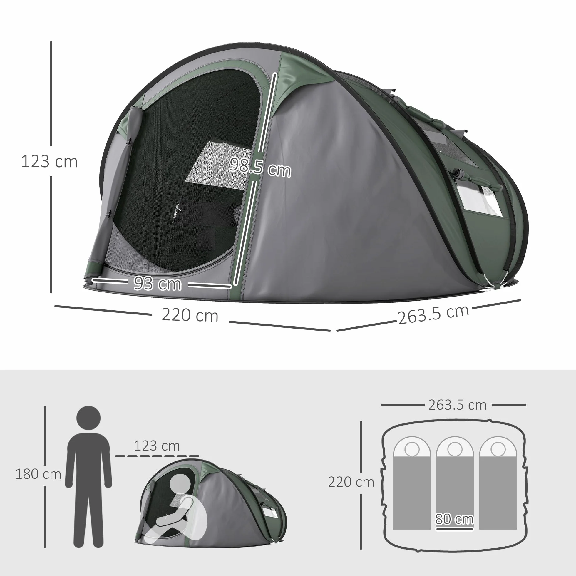 Outsunny Tenda da Campeggio Pop Up 2 Posti Impermeabile 263.5x220x123 cm Verde Scuro