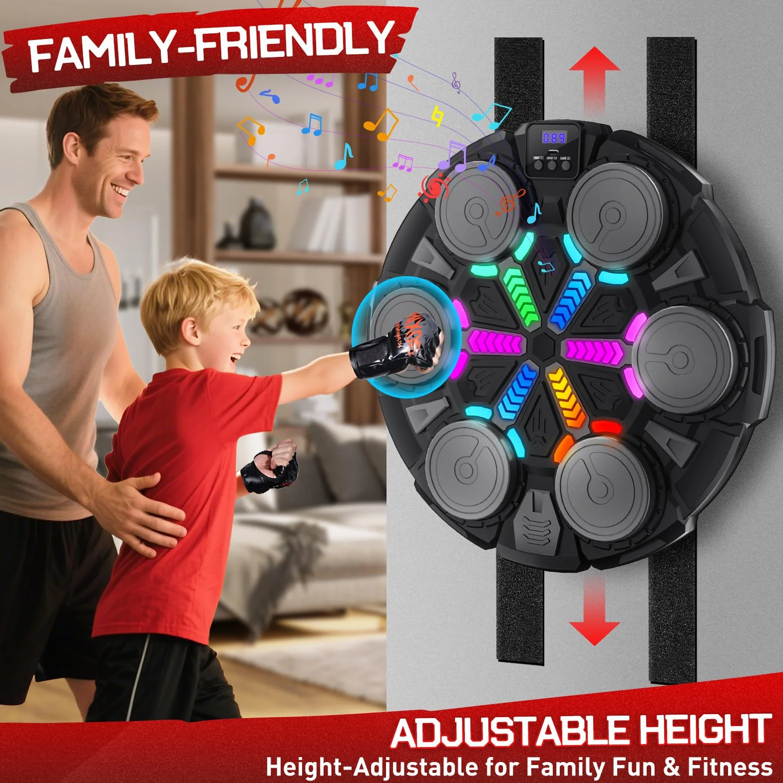 Music Boxing Machine, Macchina da Boxe Musicale da Parete con Guantoni, Luci e Ritmo, 3 modalità e 6 velocità Regolabili, Set da Boxe per Bambini e Adulti