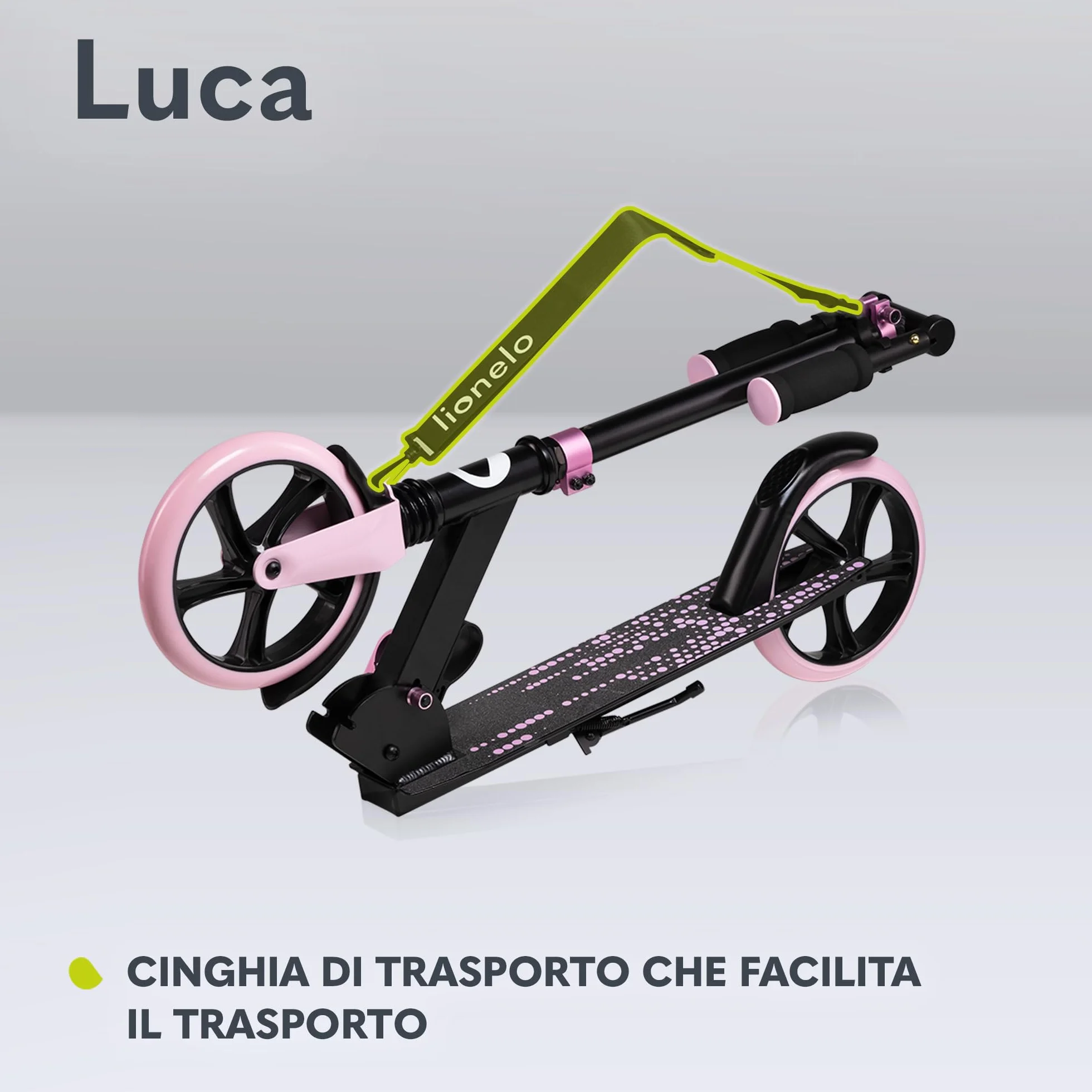 Lionelo LUCA Monopattino pieghevole Regolabile leggero Ruote Ammortizzatori ShockResist Freno posteriore Cinghia trasporto