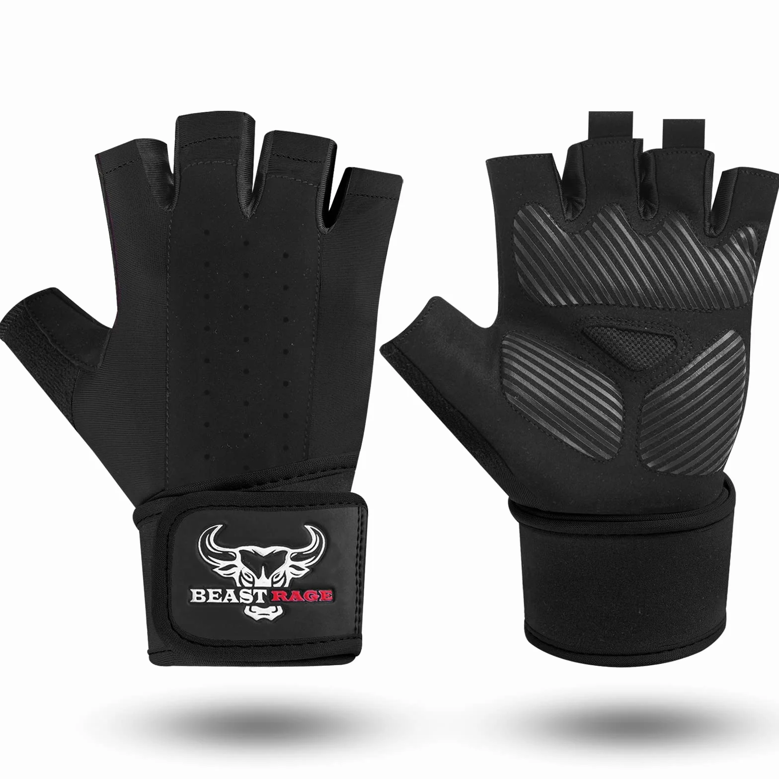BEAST RAGE Guanti per sollevamento pesi con supporto polso e protezione palmo, traspiranti, nero