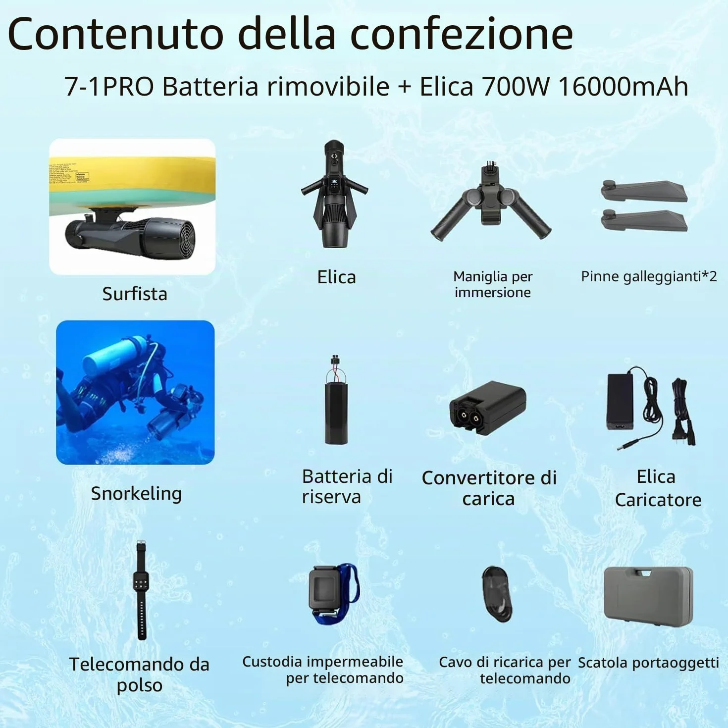 Camolech Monopattino subacqueo 900 W batteria rimovibile 16 Ah per adulti piscina mare