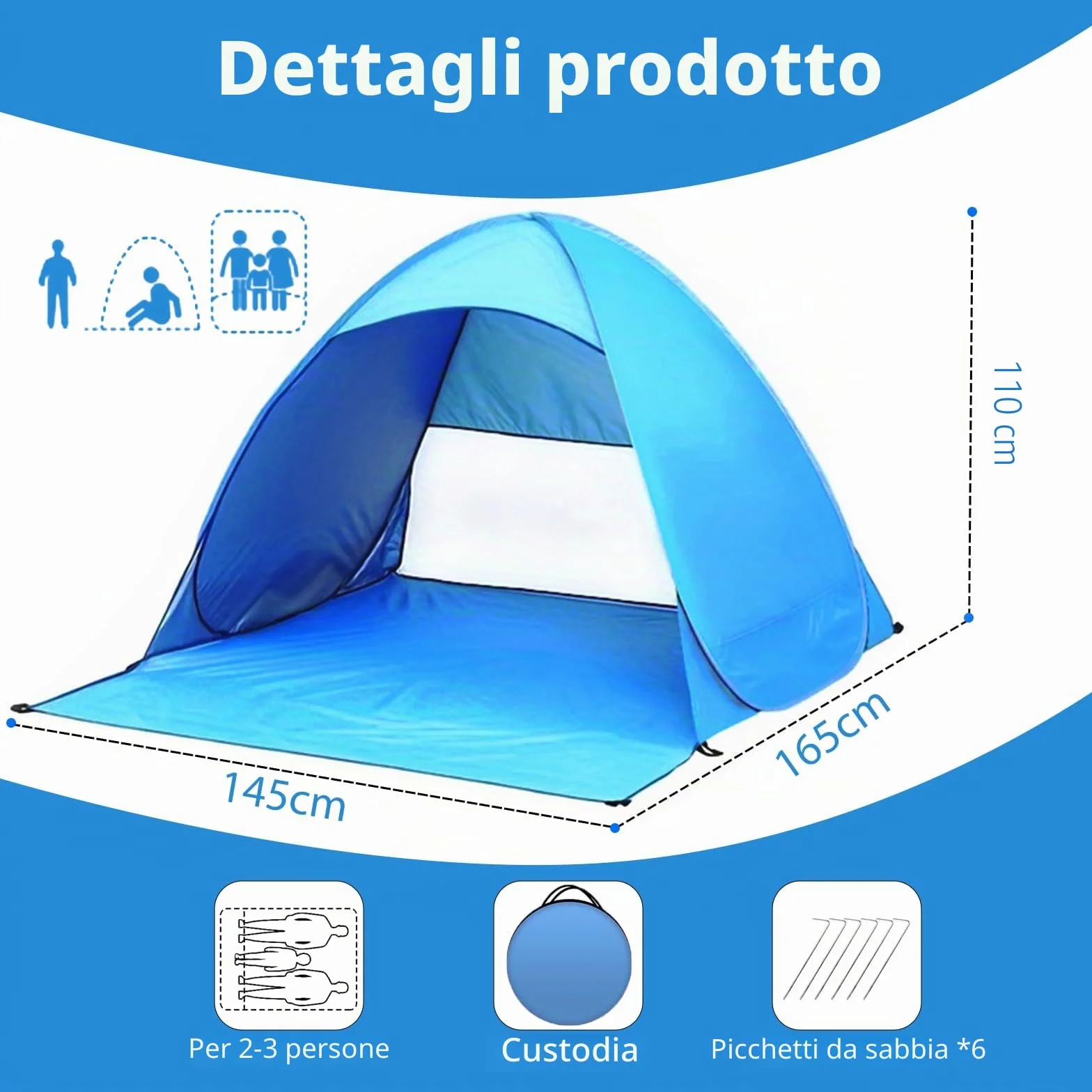 Tenda da Spiaggia Pop Up 1-2 Persone, Protezione Solare UV UPF 50+, Leggera con Borsa