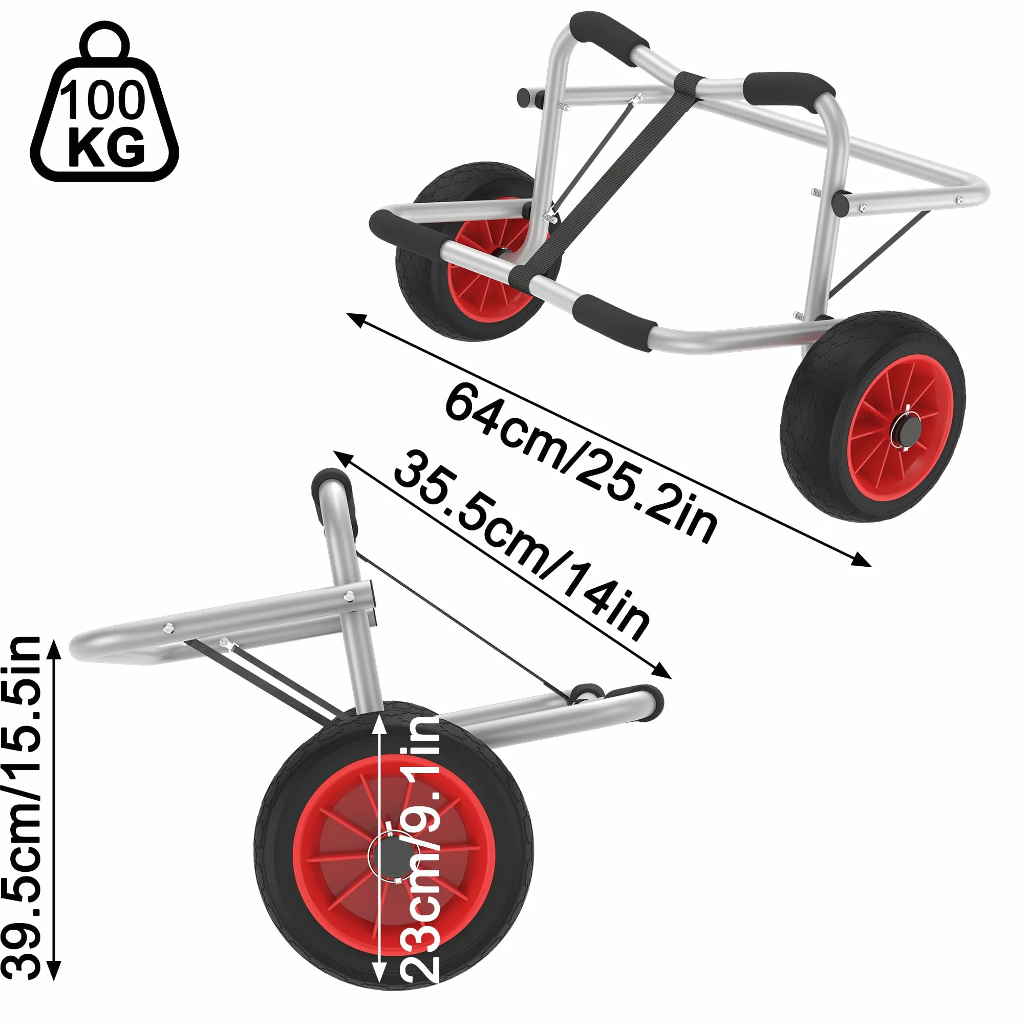 YRHome Carrello da kayak pieghevole in alluminio 100 kg 2 ruote poliuretano