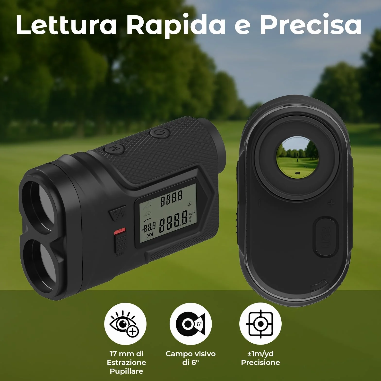 Telemetro Golf 1097M con Pendenza e Blocco Bandiera di WanderS – Telemetro Laser USB-C Ricaricabile, Vibrazione, Ingrandimento 6X, Modalità Torneo, Display Laterale – Accessorio Golf Uomo