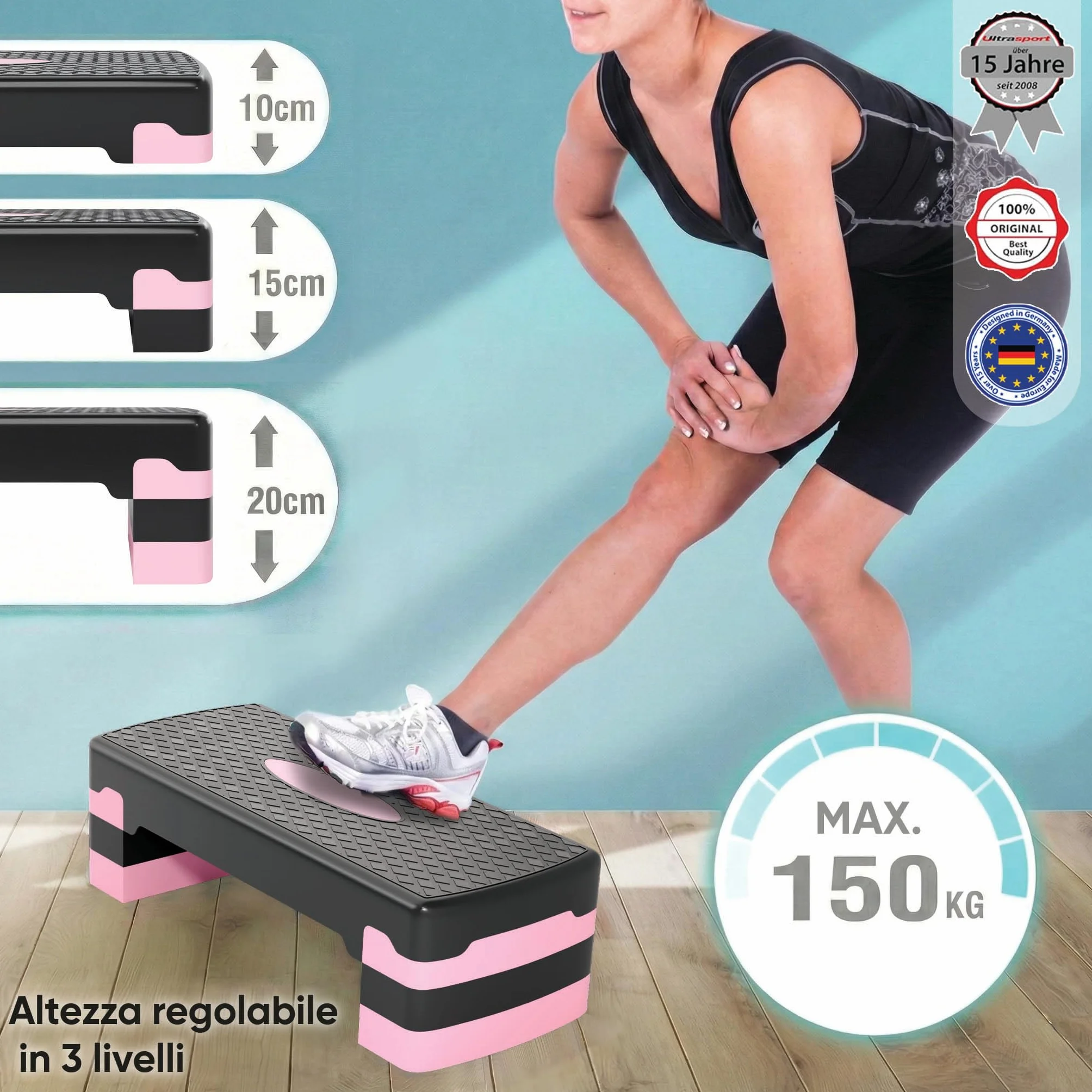 Ultrasport Step Fitness Aerobica Stepper Casa Antiscivolo Regolabile 3 Altezze Stepboard 68 x 28 cm Rosa