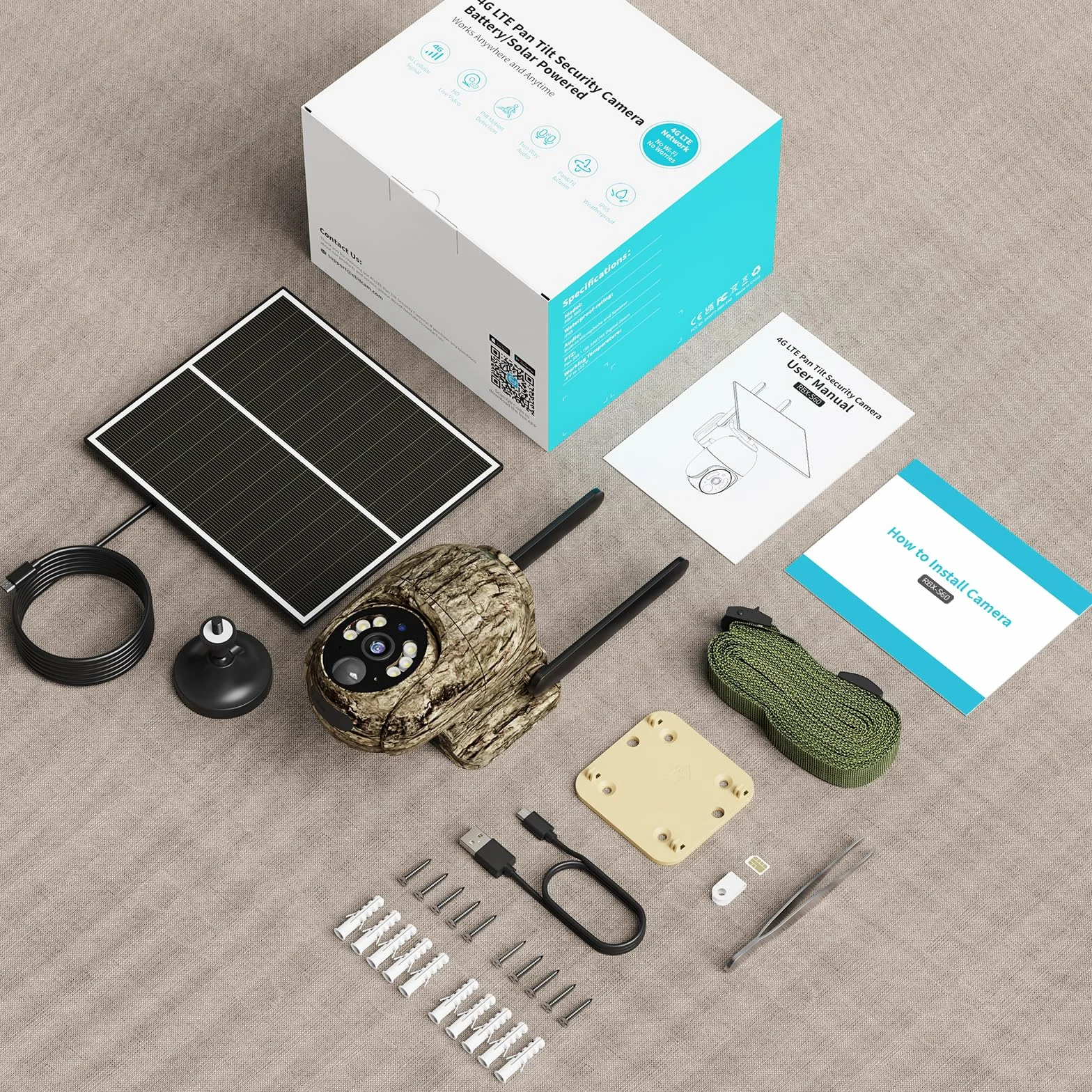 Fotocamera da Caccia Solare 4G LTE, 2K PTZ Fototrappola con SIM, Pannello Solare e APP, Rilevamento PIR, Visione Notturna a Colori