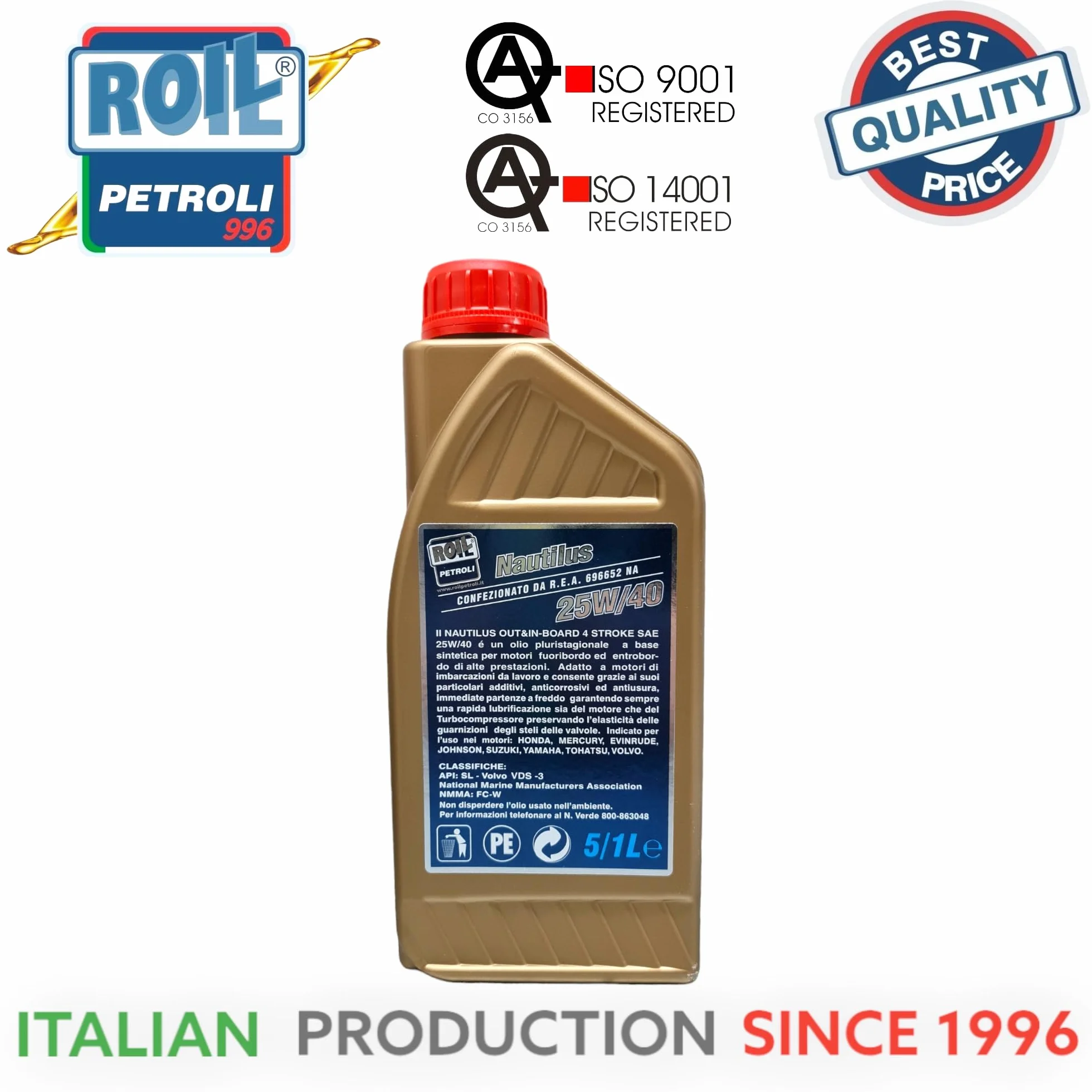 Roil Nautilus 25W/40 4 Stroke Marine Oil 1L NMMA FC-W API SL VDS-3