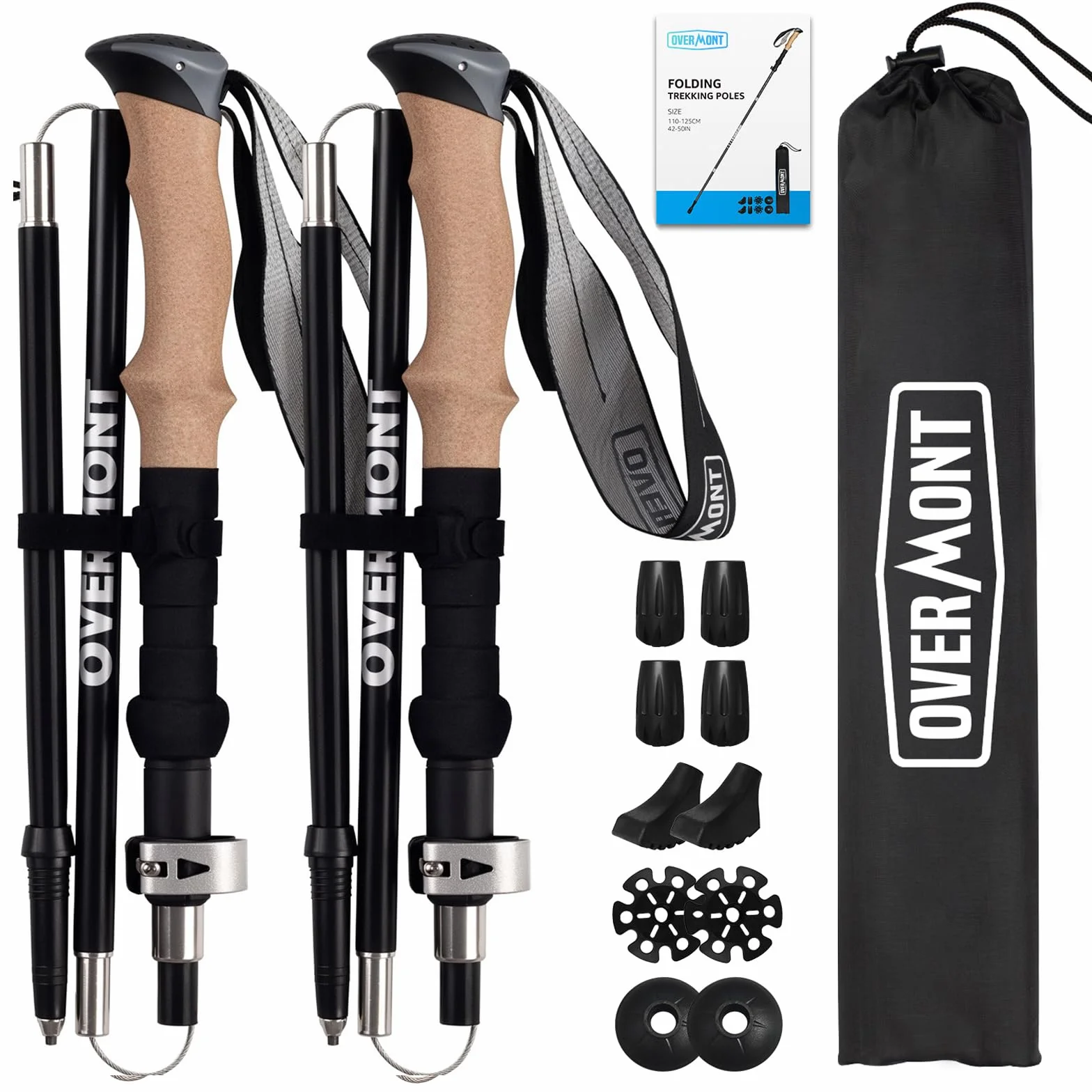 Overmont Bastoni Trekking in Fibra di Carbonio Pieghevoli Regolabili 110-125 cm Nero 1 Paio Nordic Walking