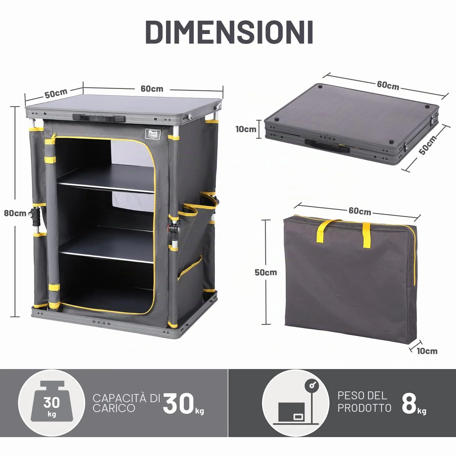 TIMBER RIDGE Armadietto da cucina pieghevole 30kg 3 ripiani portatile
