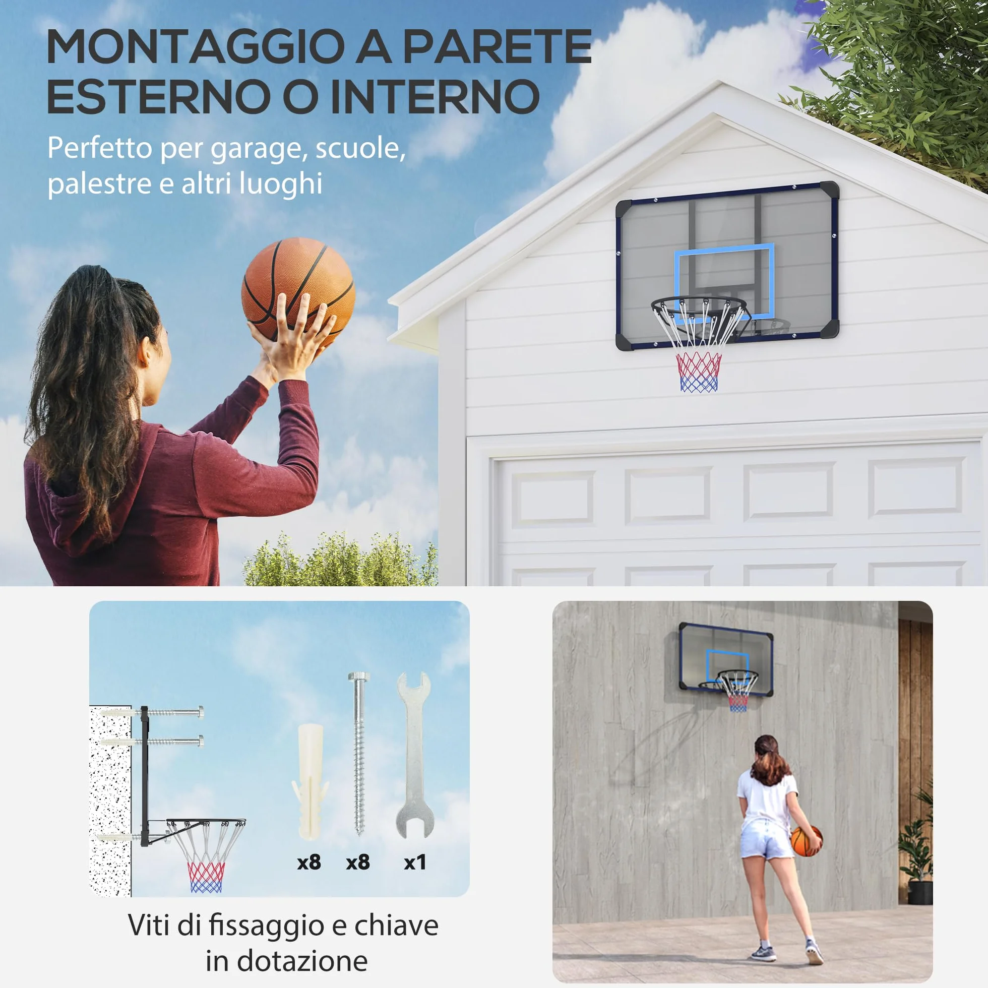 SPORTNOW Canestro Basket da Muro 113x61x73 cm Tabellone Infrangibile Cerchio Acciaio