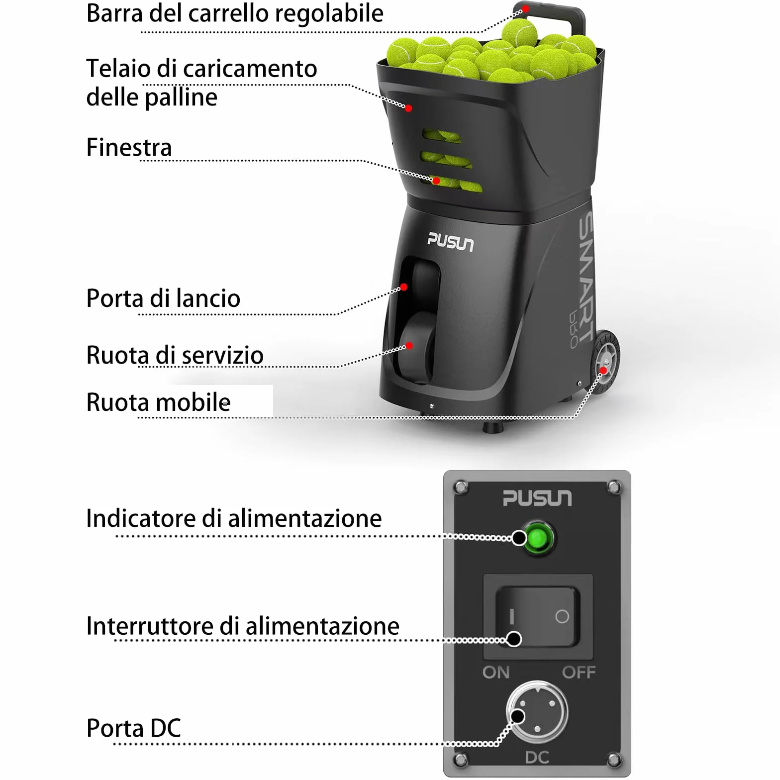PUSUN PT-Smart-Pro Macchina intelligente per palline da tennis con controllo APP telecomando iWatch batteria 4-6H nero