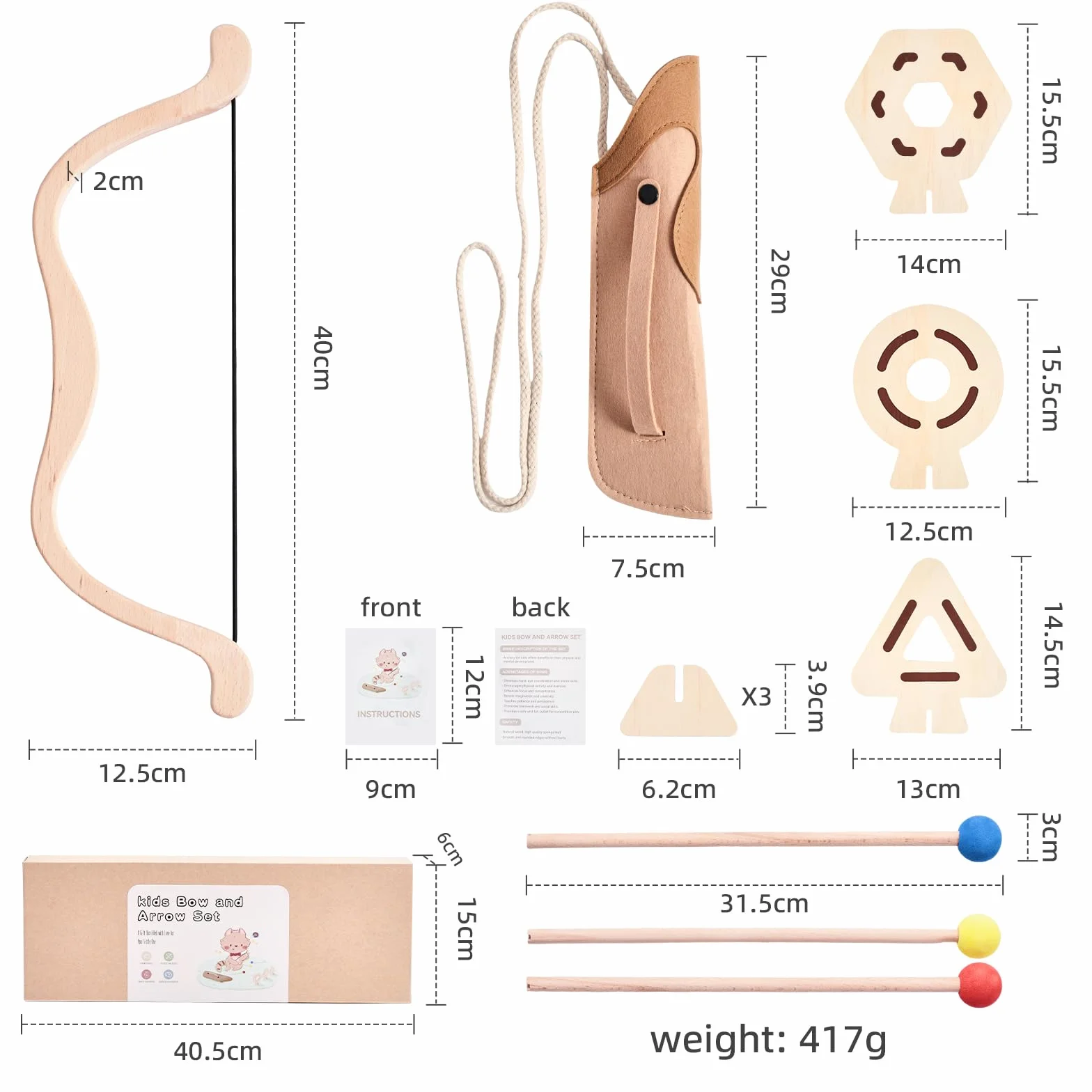 Set di Arco e Frecce per Bambini in Legno con 1 Arco in Faggio 3 Frecce 3 Bersagli