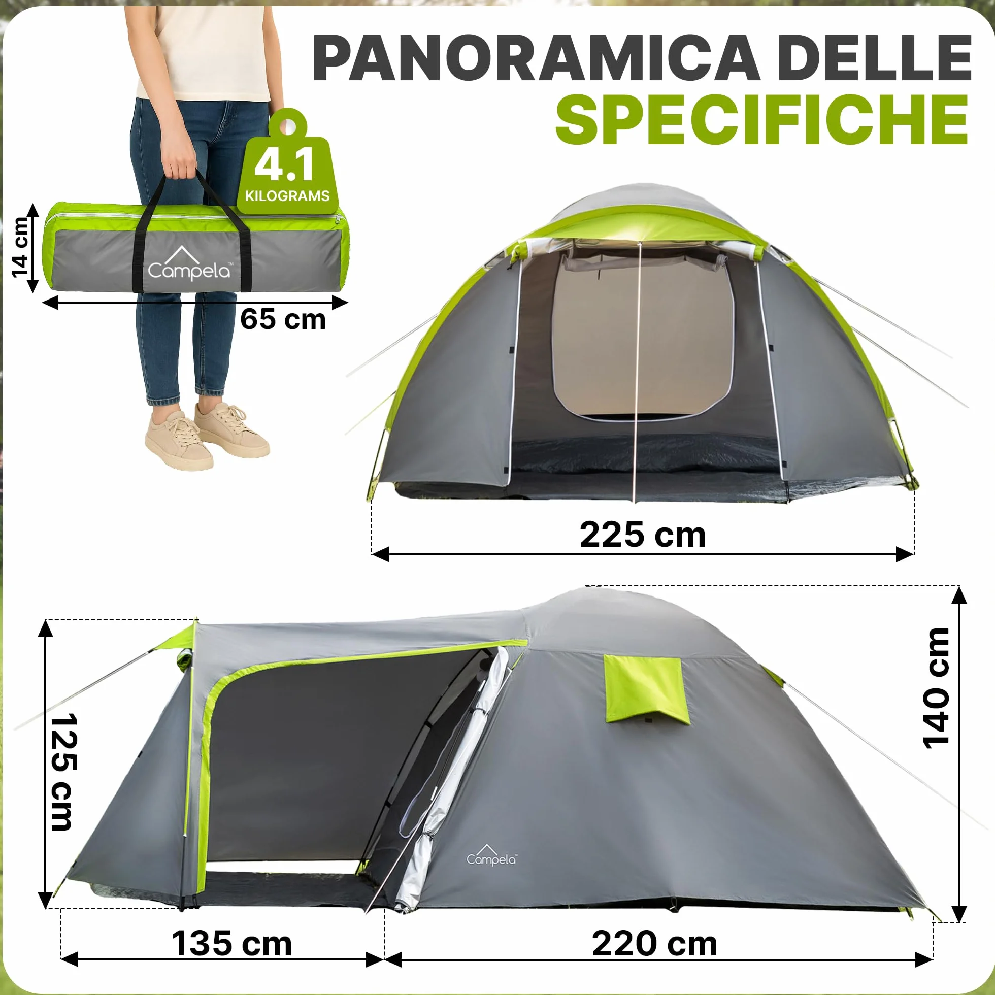 Tenda da Campeggio 4 Posti Impermeabile 3000 mm Doppio Tetto Vestibolo Ampio 2 Ingressi Zanzariera Poliestere 190T Telaio Fibra di Vetro 4,1 kg