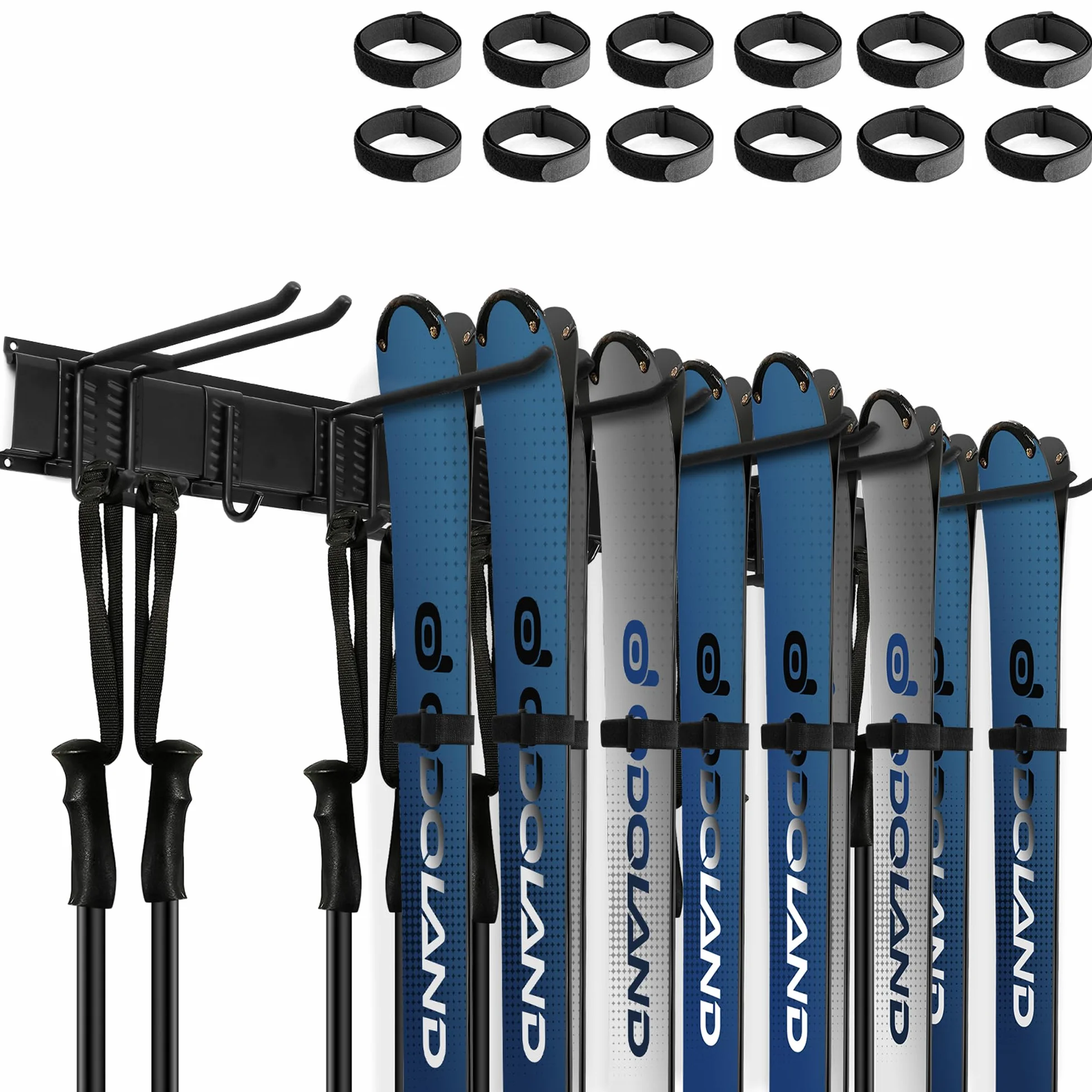 Odoland Portasci a Parete 9/6/3 Pezzi + Cinghie 12/8/4 Pezzi, Supporto da Parete per Portasci da Snowboard per Uso Multiuso, Supporto da Parete per Ripostiglio per Sci da Casa e Garage, Fino a 136KG