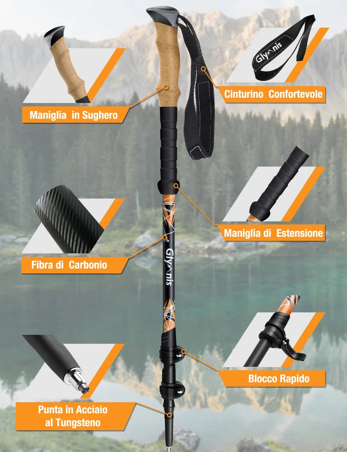 Bastoncini Da Trekking 3 Sezioni in Fibra Di Carbonio Ultraleggero Telescopico 65-135cm Con Sistema Di Blocco Rapido E Impugnatura in Sughero
