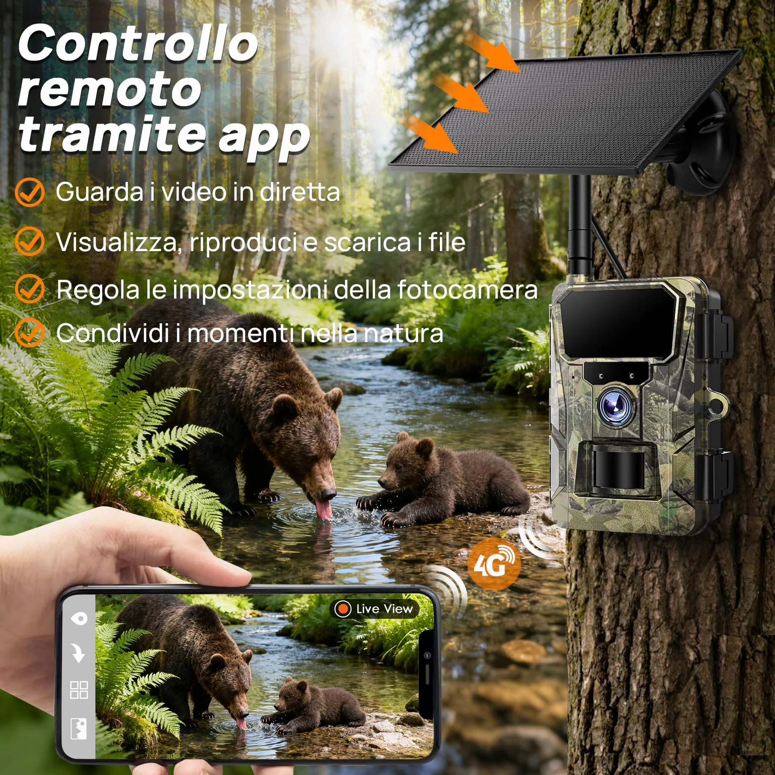 iZEEKER 2 en 1 Fototrappola Solare 4G LTE con SIM e 64GB Scheda Micro SD, HD 48MP Fotocamera Caccia Visione Notturna, Batteria 5200mAh, APP Controllo Remoto, IP66 Impermeabile