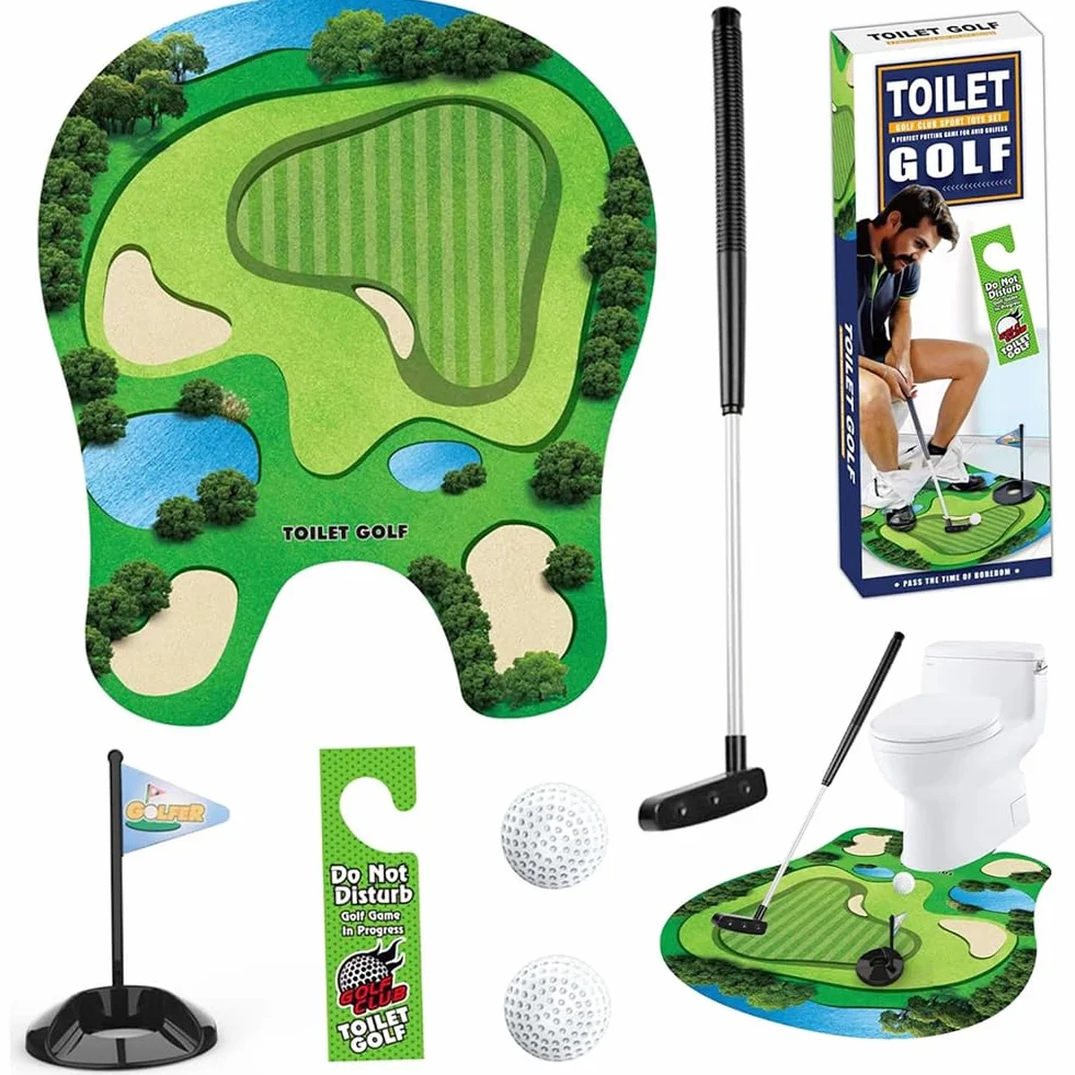 Set di Giochi da Golf per WC, Mini Golf in Bagno con Tappetino da Putting - 7 Pezzi