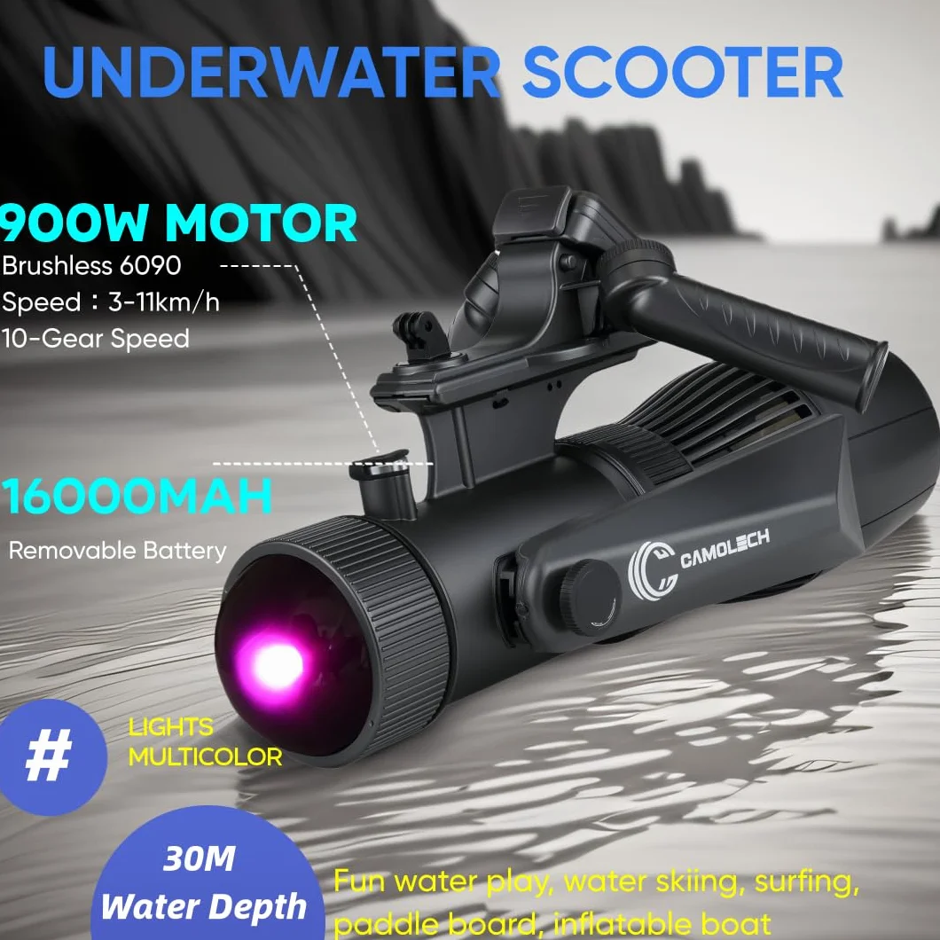 Camolech 900W Scooter Subacqueo con Batteria Rimovibile 16AH, Pinna Elettrica 2,8m/s per SUP Surf Kayak
