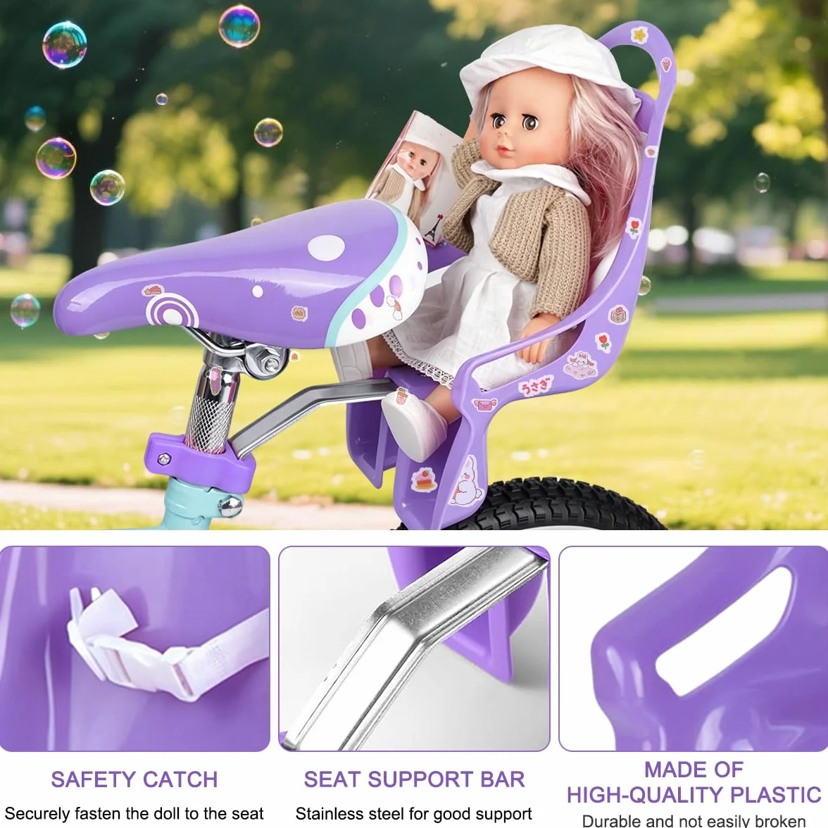 Seggiolino per Bicicletta per Bambole con Adesivi Fai da Te e Manubrio Stelle Filanti, Accessorio Bicicletta per Bambini