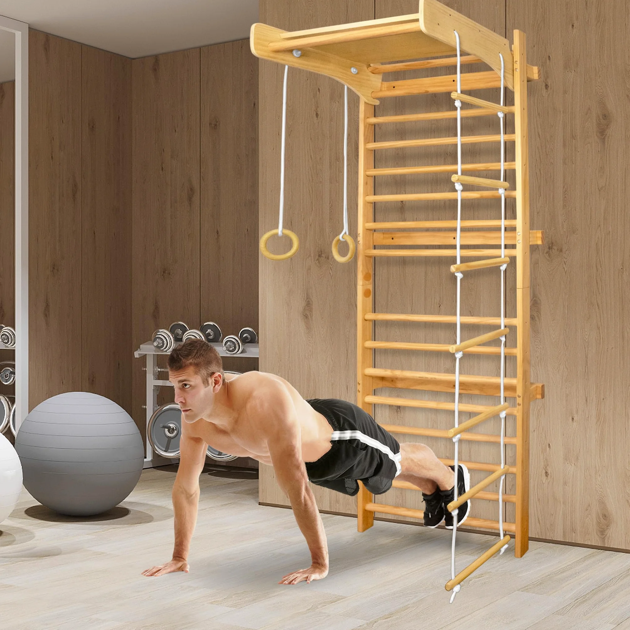 Aufun Parete per Arrampicata in legno con barre 215 x 82 x 6cm