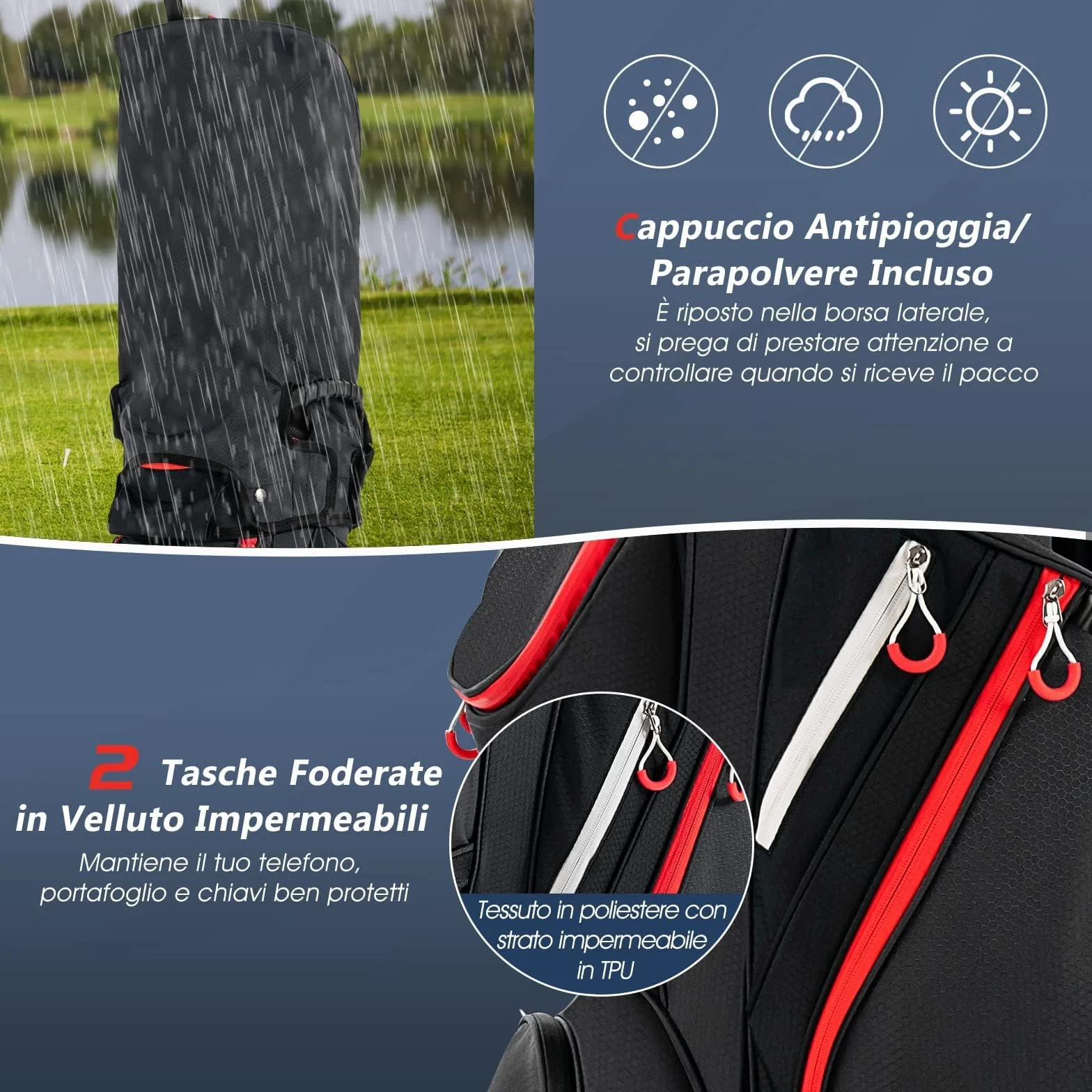 GYMAX Borsa da Golf 14 Divisori 8 Tasche con Cerniera Borsa Termica Copertura Antipioggia