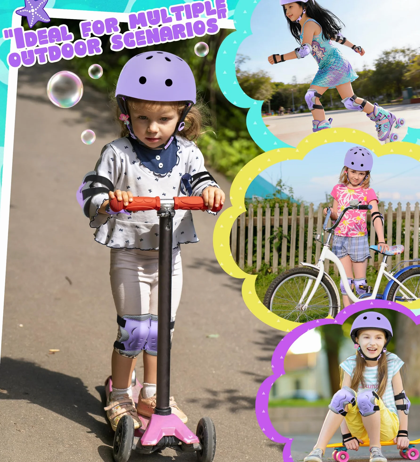 Sirenetta Set Casco Protezione Bambina Regolabile Ginocchiere Gomitiere Bici Skateboard Hulajnoga