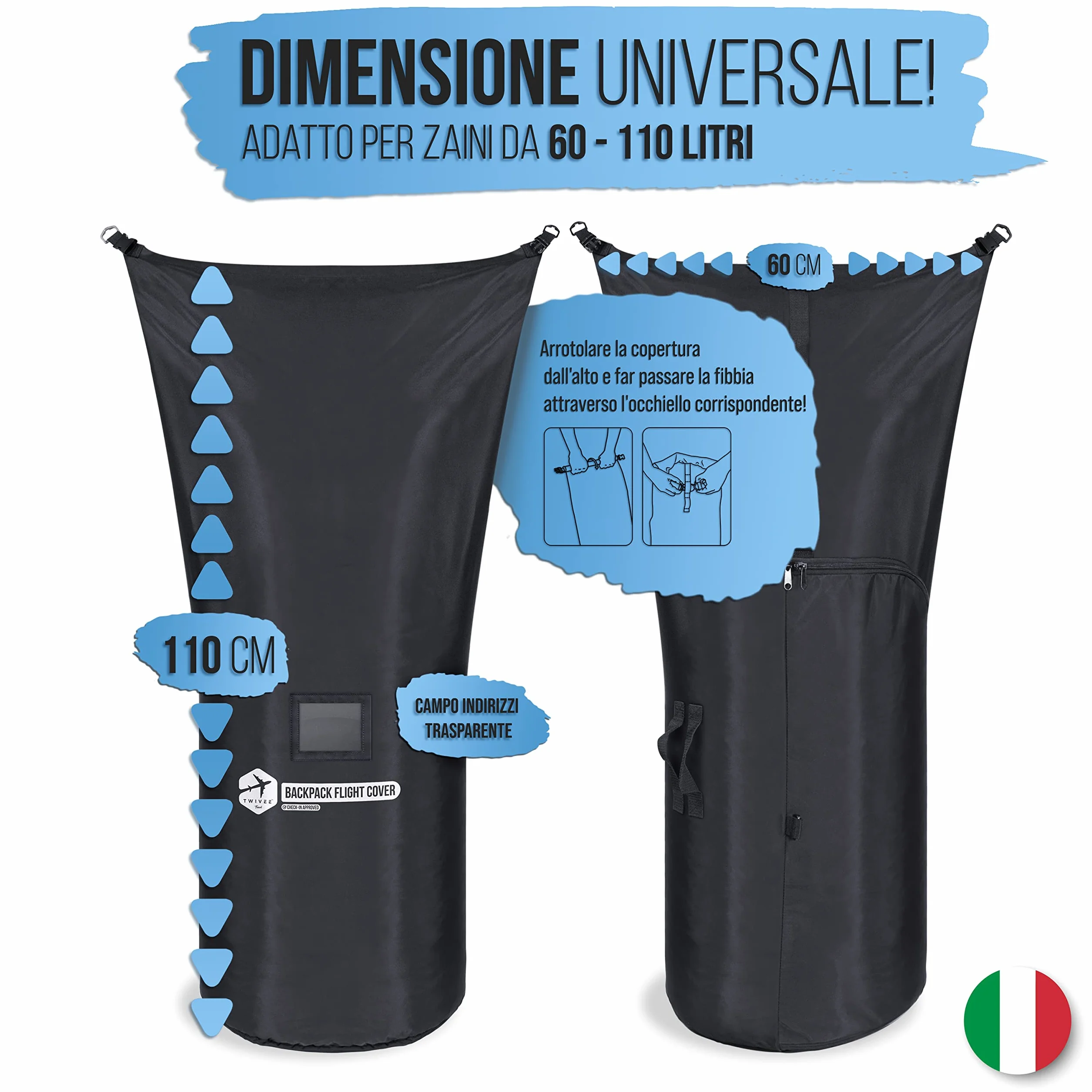 TWIVEE - Custodia protettiva 2 in 1 per zaino e parapioggia - Flight Cover per zaino - Aereo - Copertura flessibile - Volume regolabile da 60 a 110 litri - Ideale per zaino da viaggio