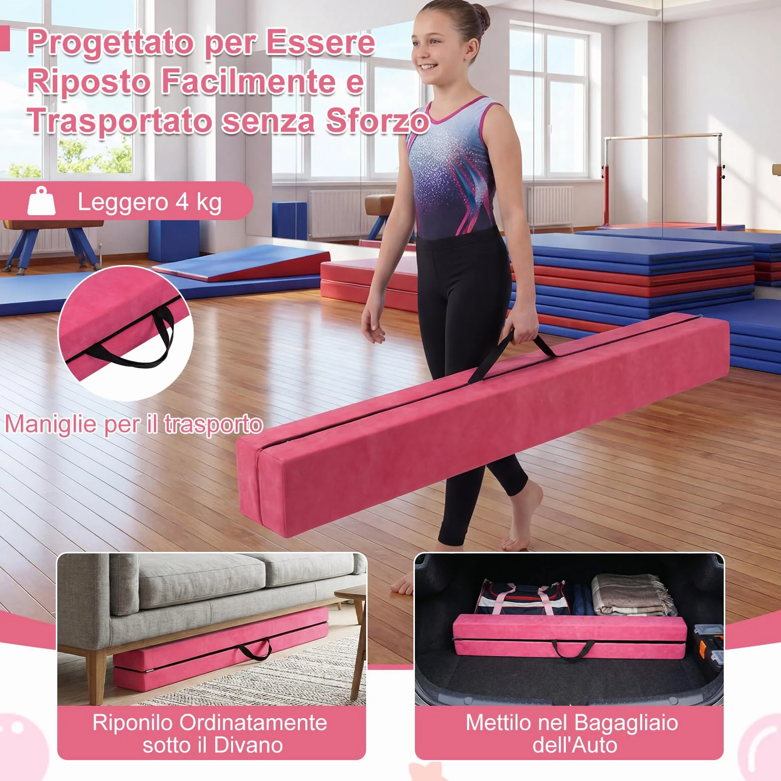 COSTWAY Trave Ginnastica Artistica Pieghevole per Bambini 210-270 cm, Base in Legno Antiscivolo