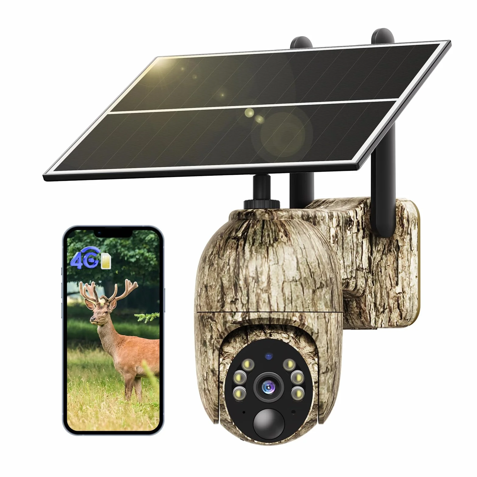 Fotocamera da Caccia 4G 2K Telecamera Esterna Pannello Solare 360° PTZ Fototrappola Infrarossi Invisibili Visione Notturna Colori Audio 2 Vie Rilevamento Animali IP66