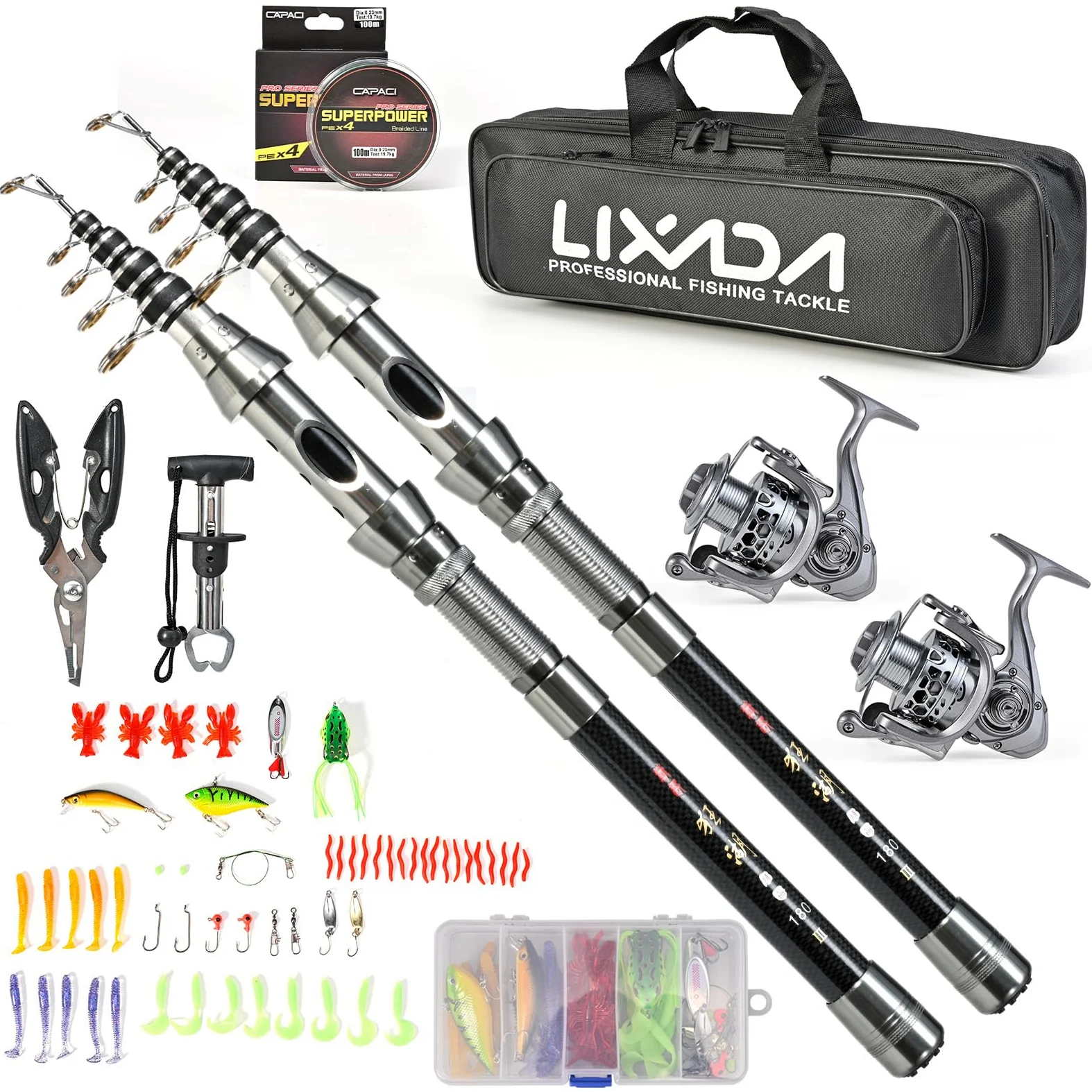 Domary Canna da Pesca Telescopica e Mulinello Combinato con Kit Canna da Pesca in Fibra di Carbonio e Pinze per la alla Trota Spigola Ocean Surf