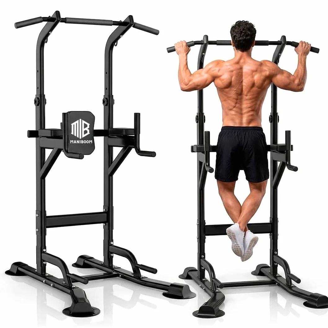 ManiBoom "ROCCIA SOLIDA" Barra Trazioni Autoportante (220KG) - Power Tower Regolabile (165-235cm) con Base Antiribaltamento per Calisthenics, Dips e Trazioni a Casa