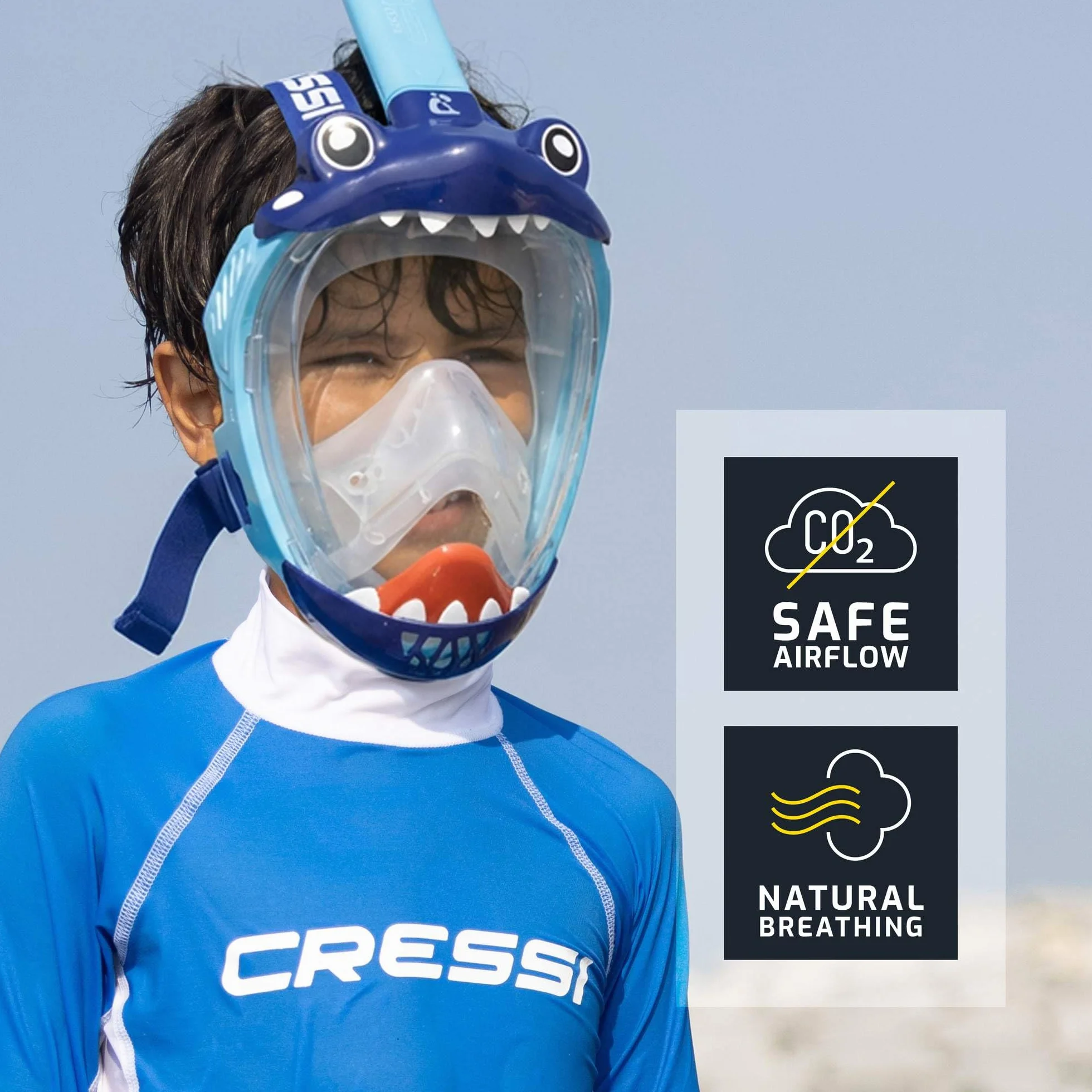 CRESSI Kiddy Kids Full Face Mask Maschera Integrale CO2 Sicuro Antiappannamento Snorkel Dry