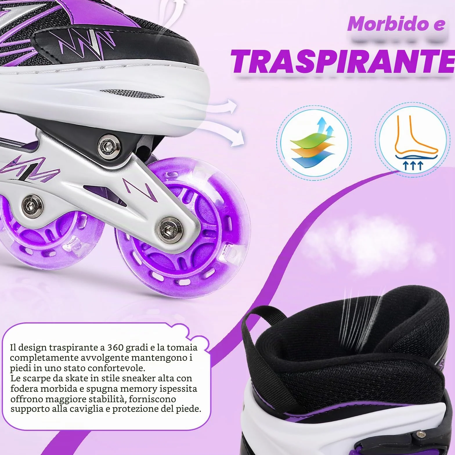 Pattini in linea regolabili per bambini ragazze ragazzi principianti, Pattini a rotelle rosso e viola per bambino e adolescente per lo sport