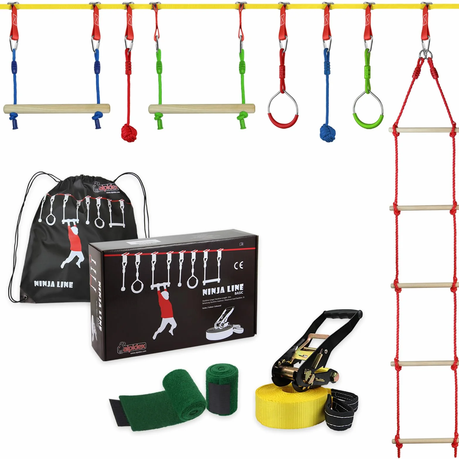 ALPIDEX Ninja Warrior Set 15 m Slackline Percorso Sospeso Ostacoli Ginnastica Bambini