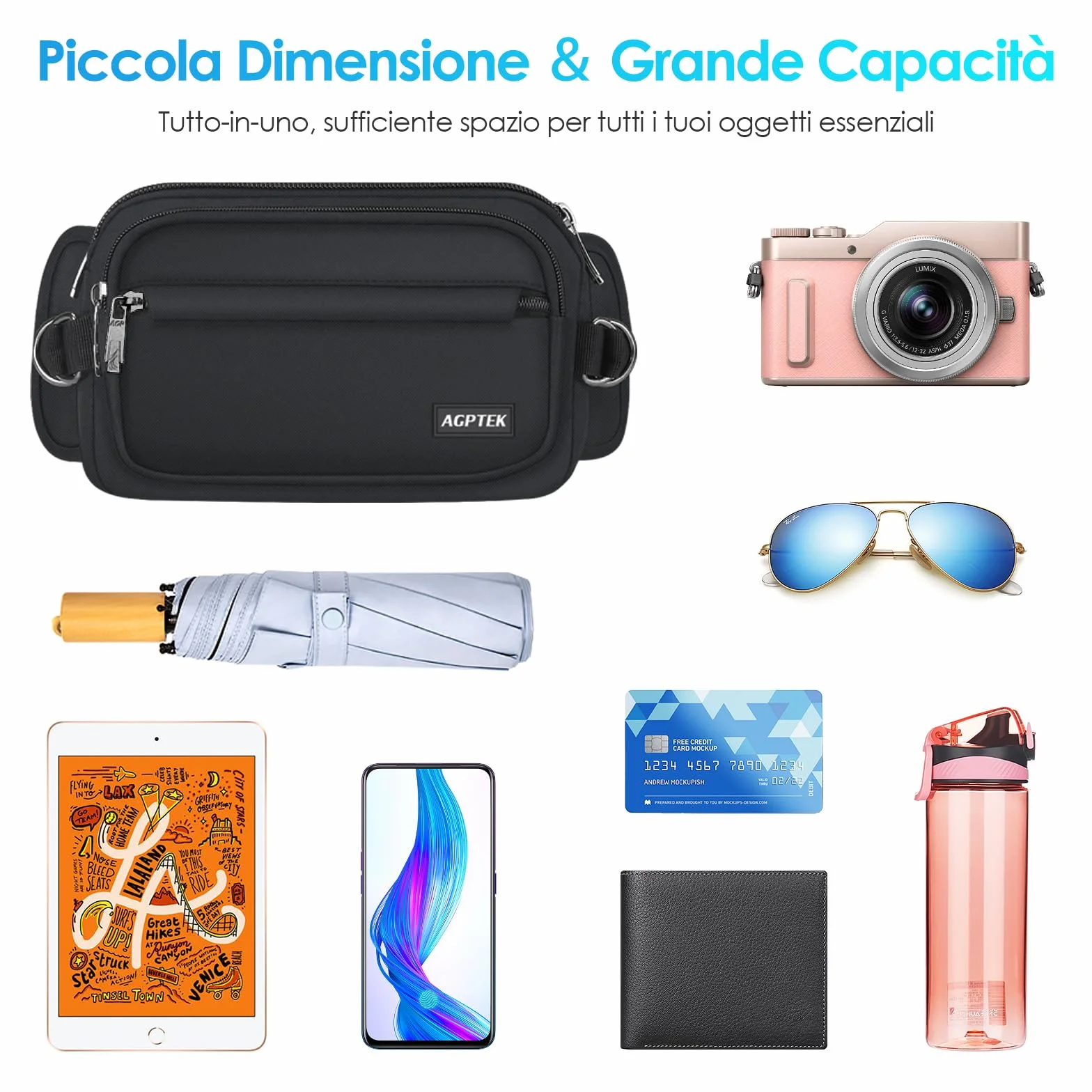 AGPTEK Marsupio Sportivo Uomo Donna 5 Tasche Lavoro Grande RFID Portasoldi Cintura Regolabile Corsa Campeggio Viaggio