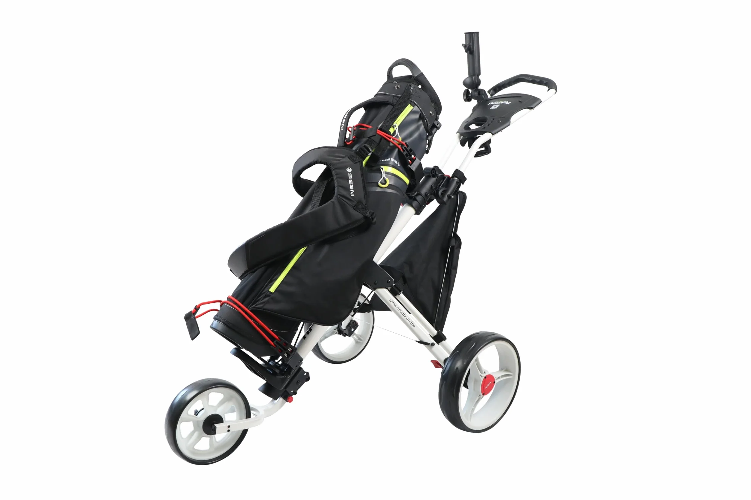 Newfly Carrello da golf 3 ruote pieghevole ultraleggero con freno a pedale bianco