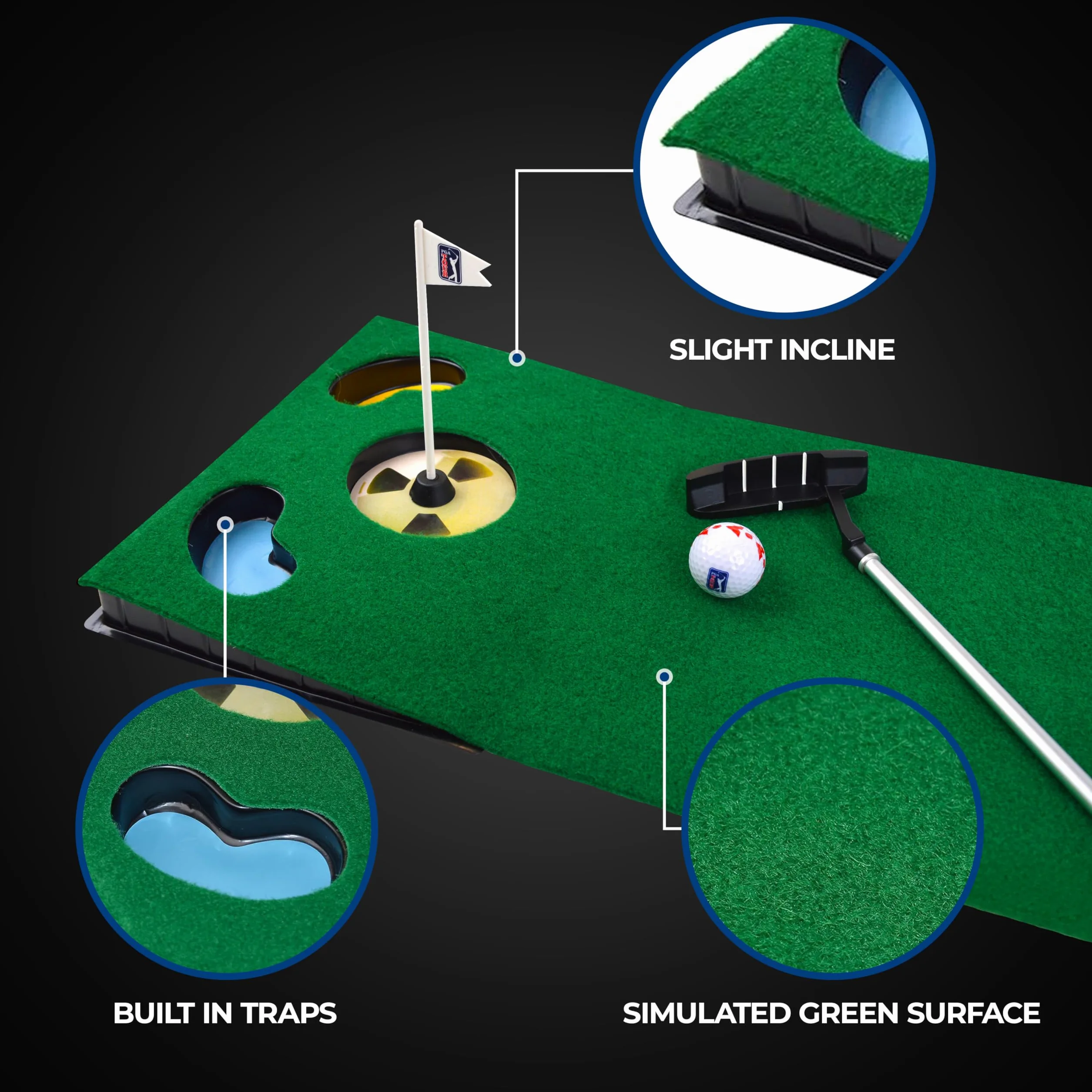PGA Tour 6ft Putting Mat with Collapsible Putter & Alignment Guide Golf Ball