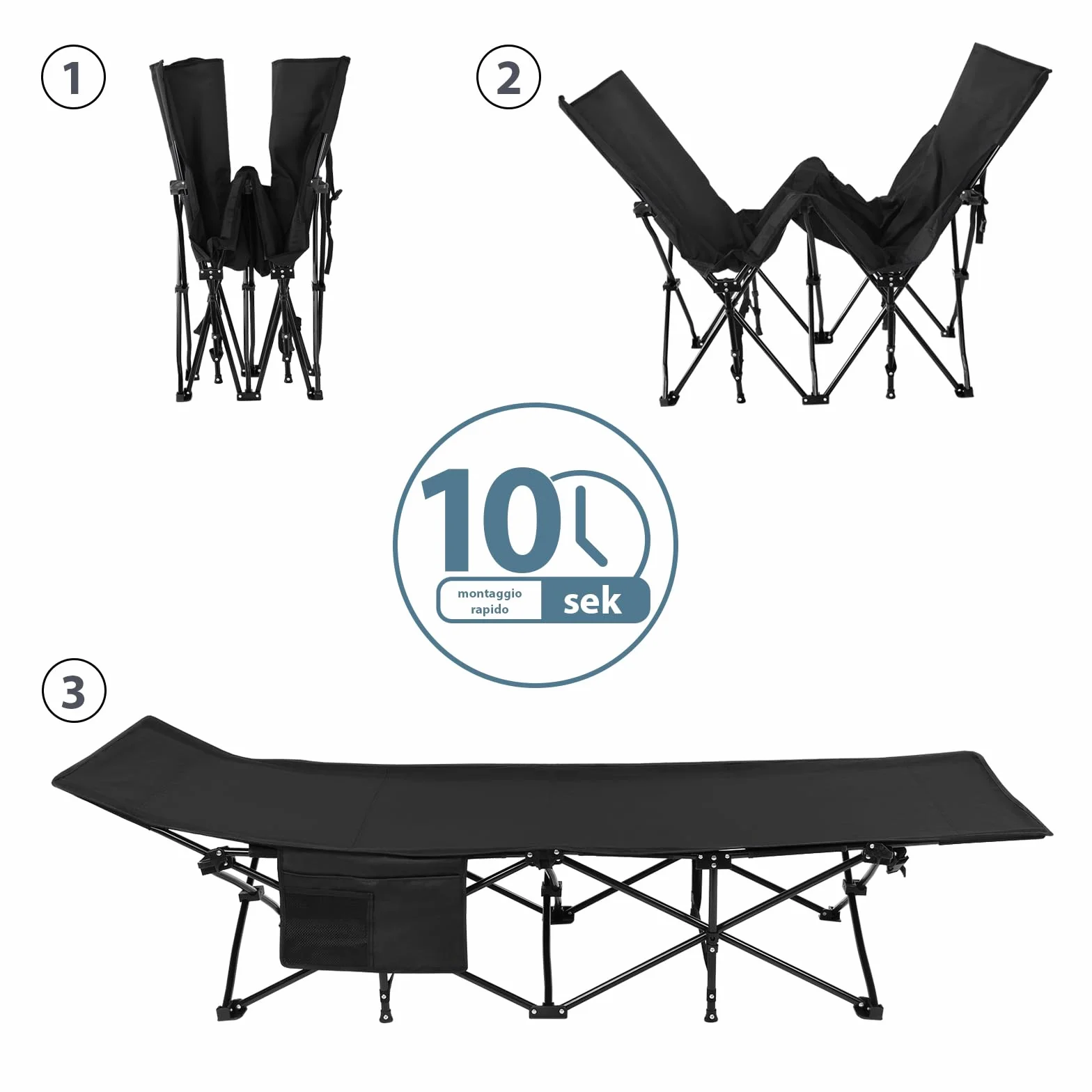 ALPIDEX Brandina Campeggio Letto Campo Pieghevole Caricabile 200 kg Lettino Tenda Portatile Cuscino Leggero Borsa Trasporto, Nero