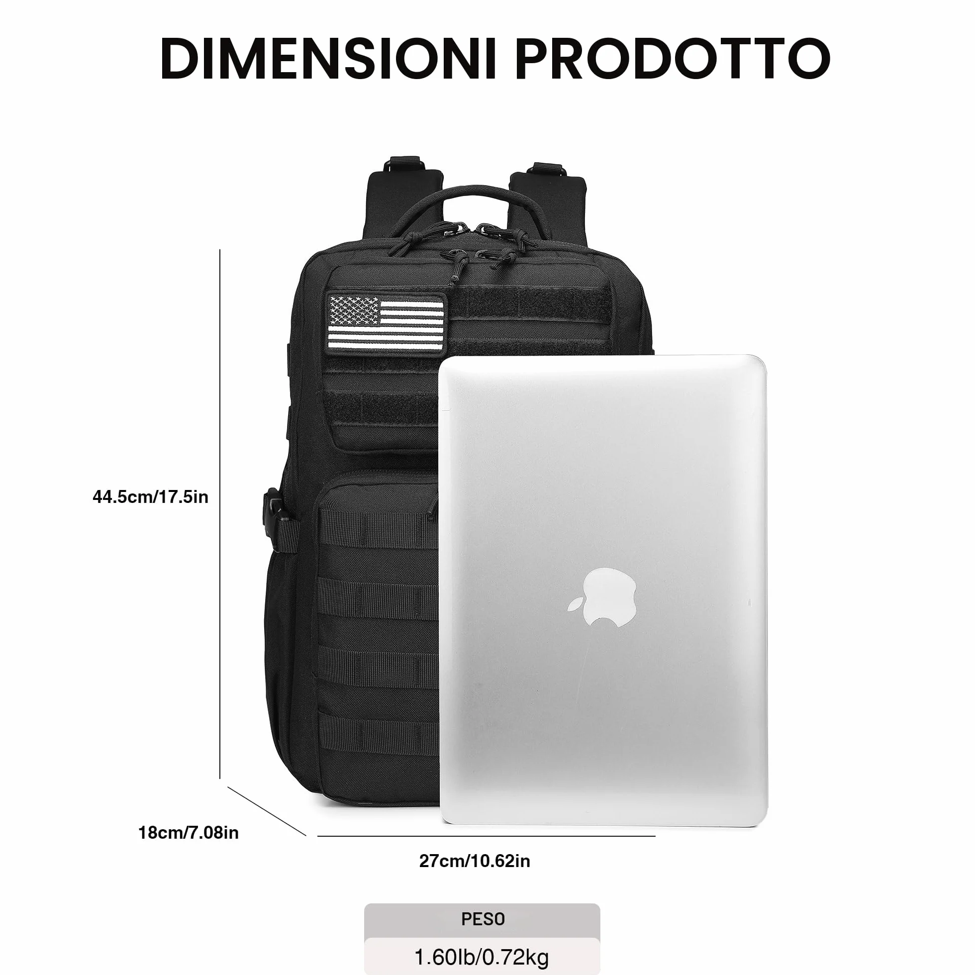Zaino Tattico Militare Impermeabile 25 L Nero Molle con Porta Borraccia