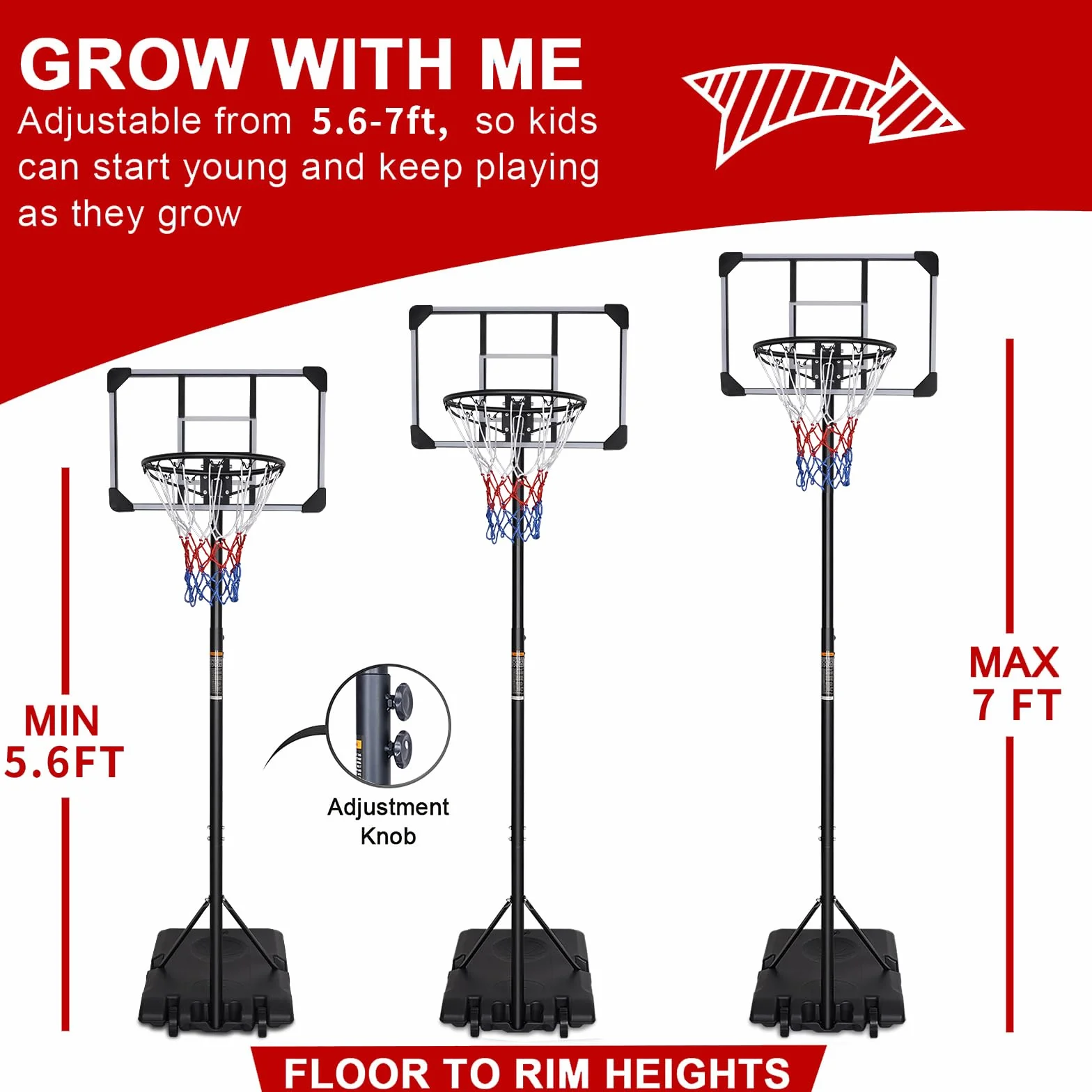 Canestro da basket portatile regolabile 7 piedi tabellone trasparente 165-213 cm