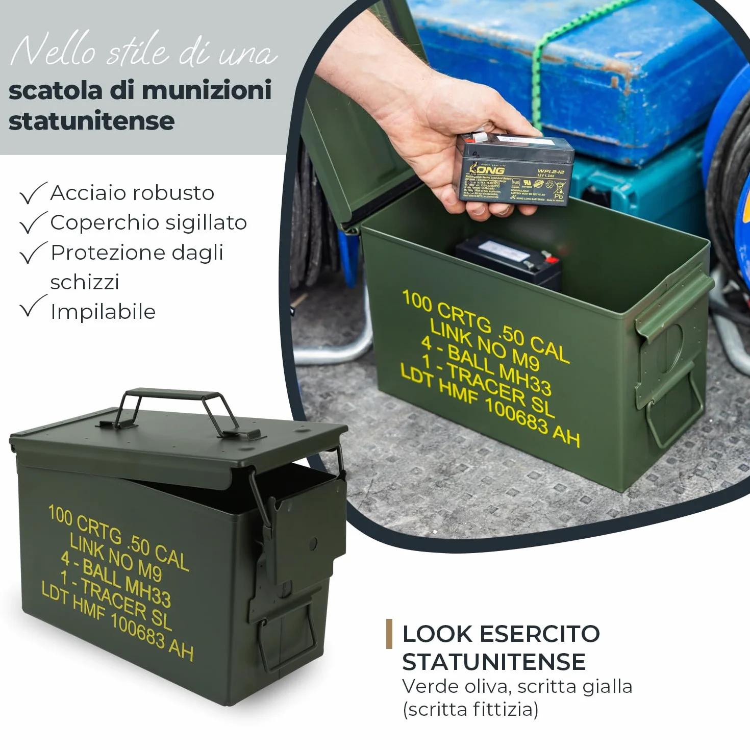 HMF 70011 Cassa per Munizioni in Stile Militare USA, Secchio Porta Munizioni, Scatola di Metallo, 30x19x15,5 cm, Verde