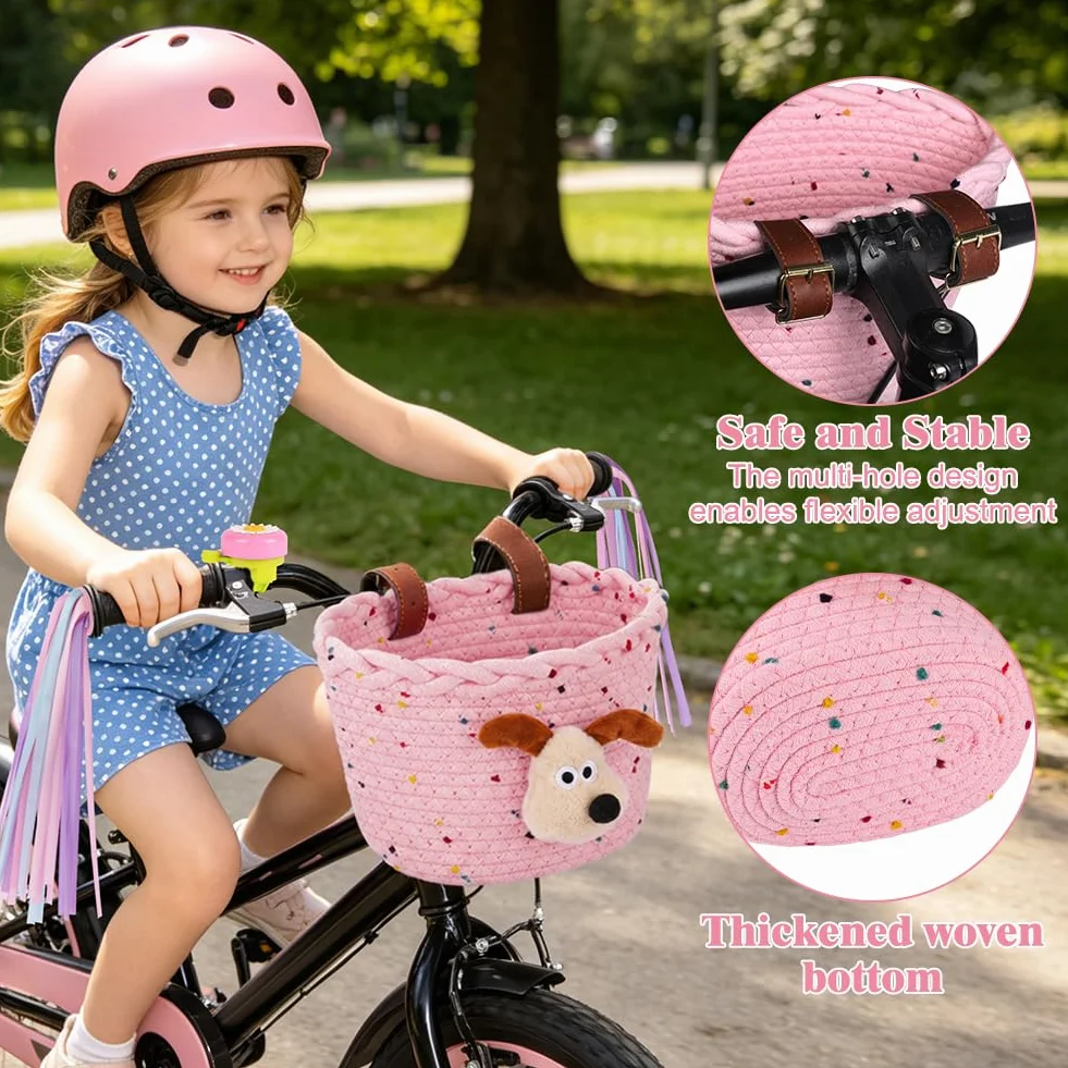Cestino per bicicletta per bambini in corda di cotone con cinghie in pelle