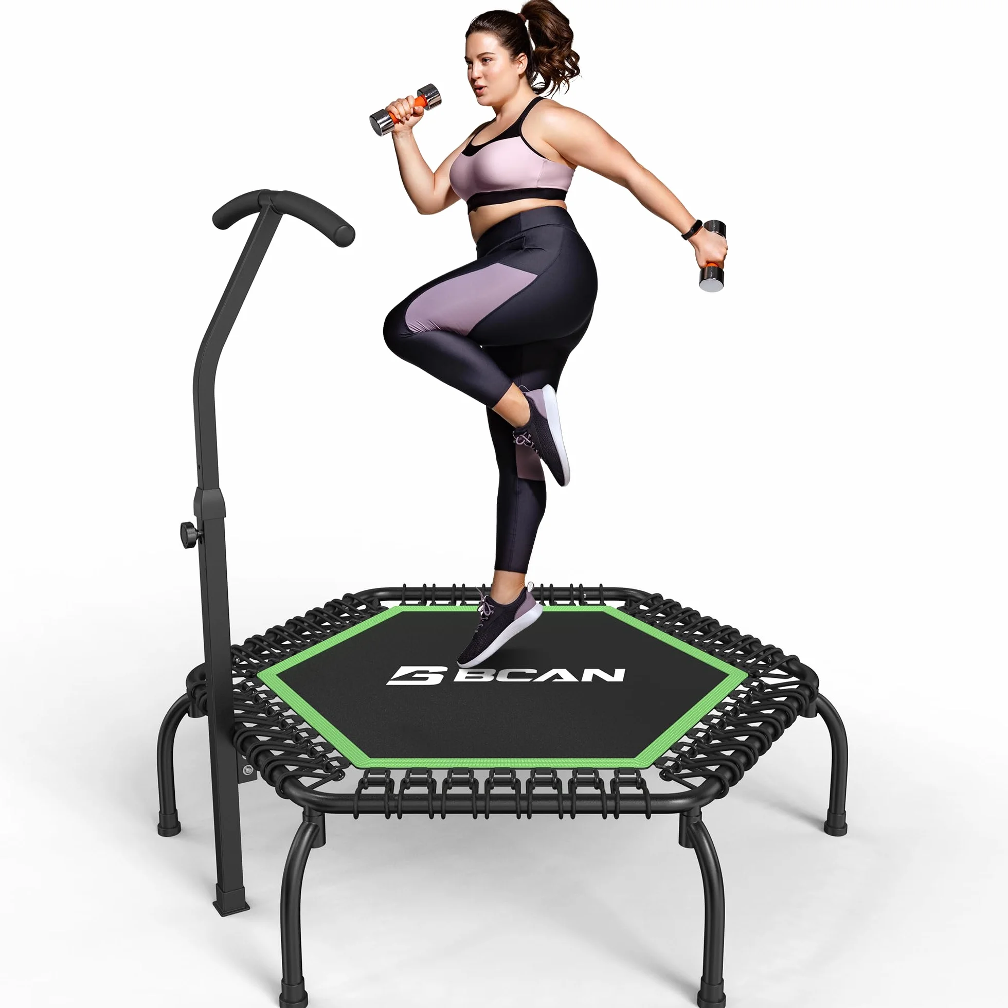 Trampolino da interno BCAN Fitness, diametro Ø 102/122/130 cm, mini trampolino elastico/a molla, adatto per adulti fino a 204/250 kg, con maniglie regolabili, silenzioso e a basse vibrazioni