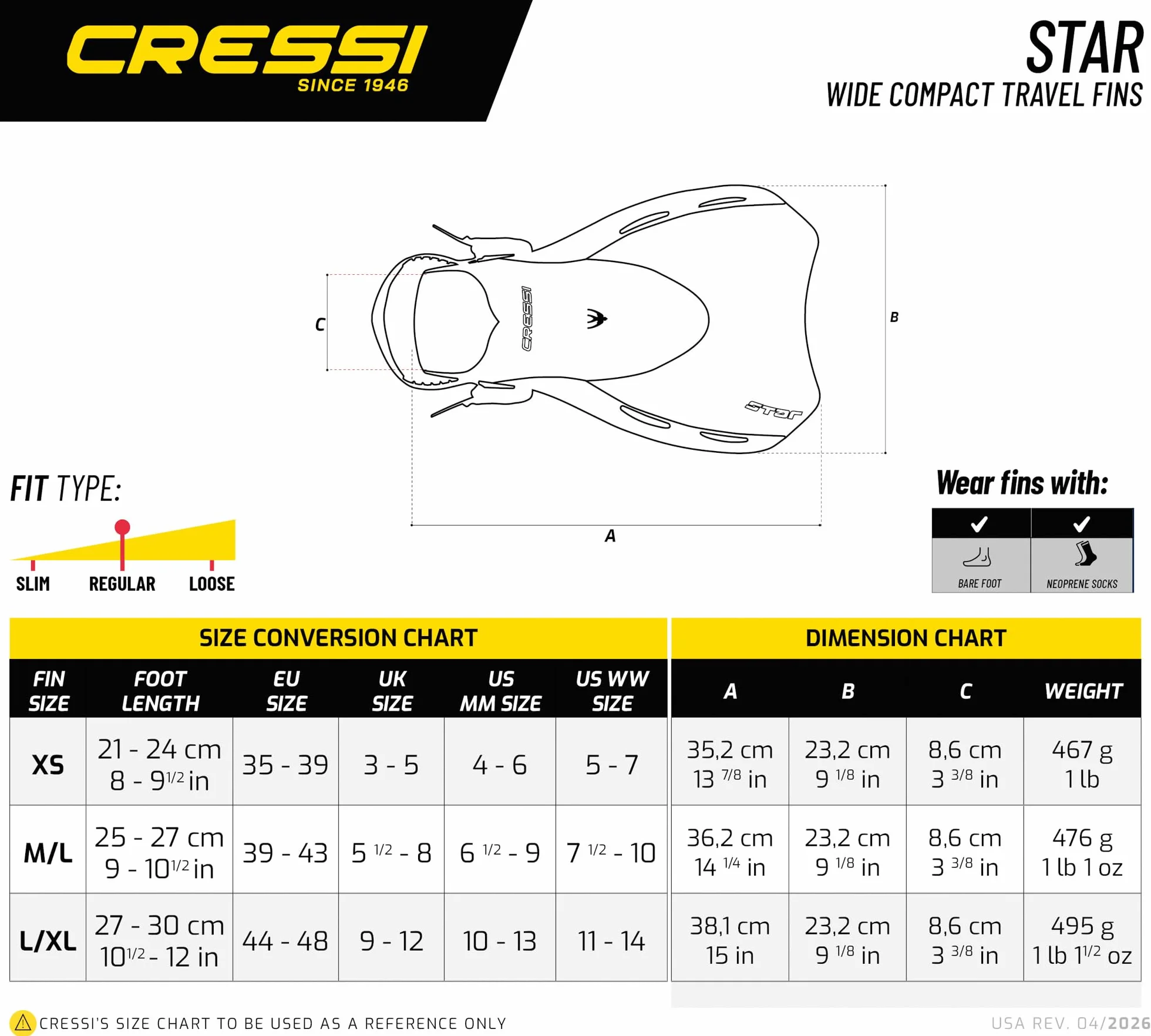 CRESSI Star Fins Pinne Compatte Regolabili Pala Ventilata Scarpetta Tallone Aperto Nuoto Snorkeling Viaggi Adulti