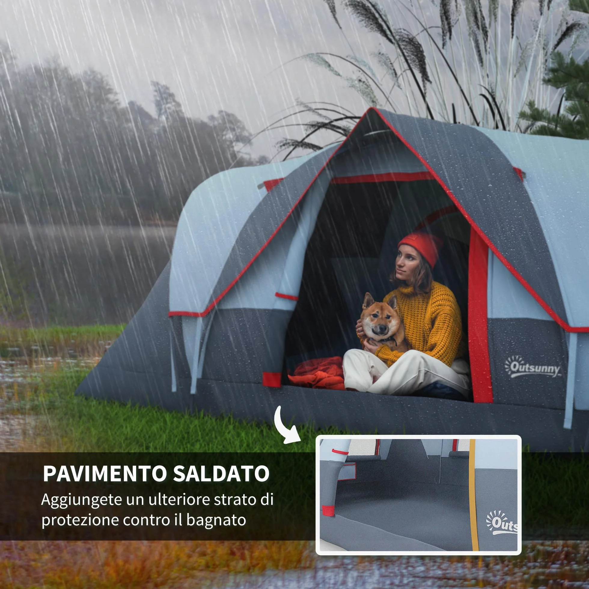Outsunny Tenda da Campeggio 4-6 Posti Idrorepellente 3000mm Protezione UV, Tenda Famigliare Finestre Pali Fibra di Vetro 4.55x2.3x1.8 m