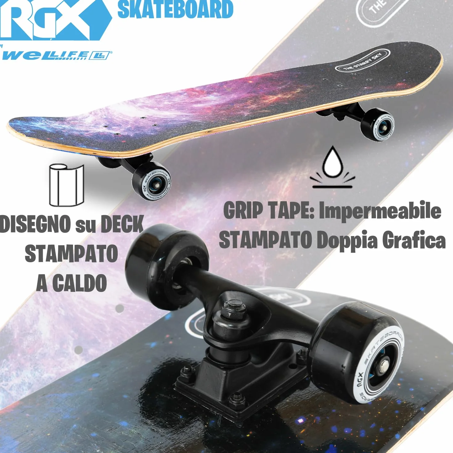 WeLLIFE Skateboard Completo Serie RGX 80x20 cm 9 Strati d’Acero Concavo Double Kick Cuscinetti Abec-7