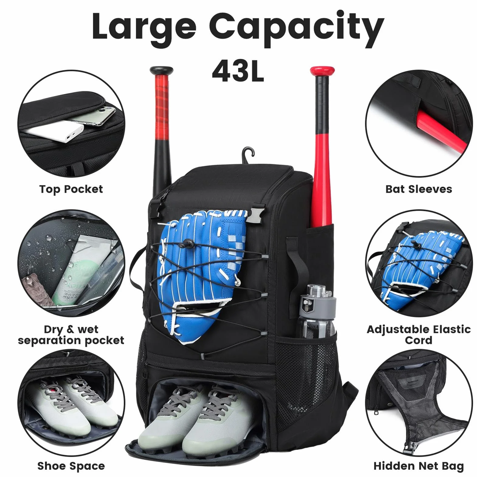 Borsa per mazze da baseball, Borsa da baseball - Borsa da baseball per ragazzi, Borsa da softball impermeabile, Zaino da baseball con ruote per scomparti per scarpe Borse per mazze da baseball Borse p